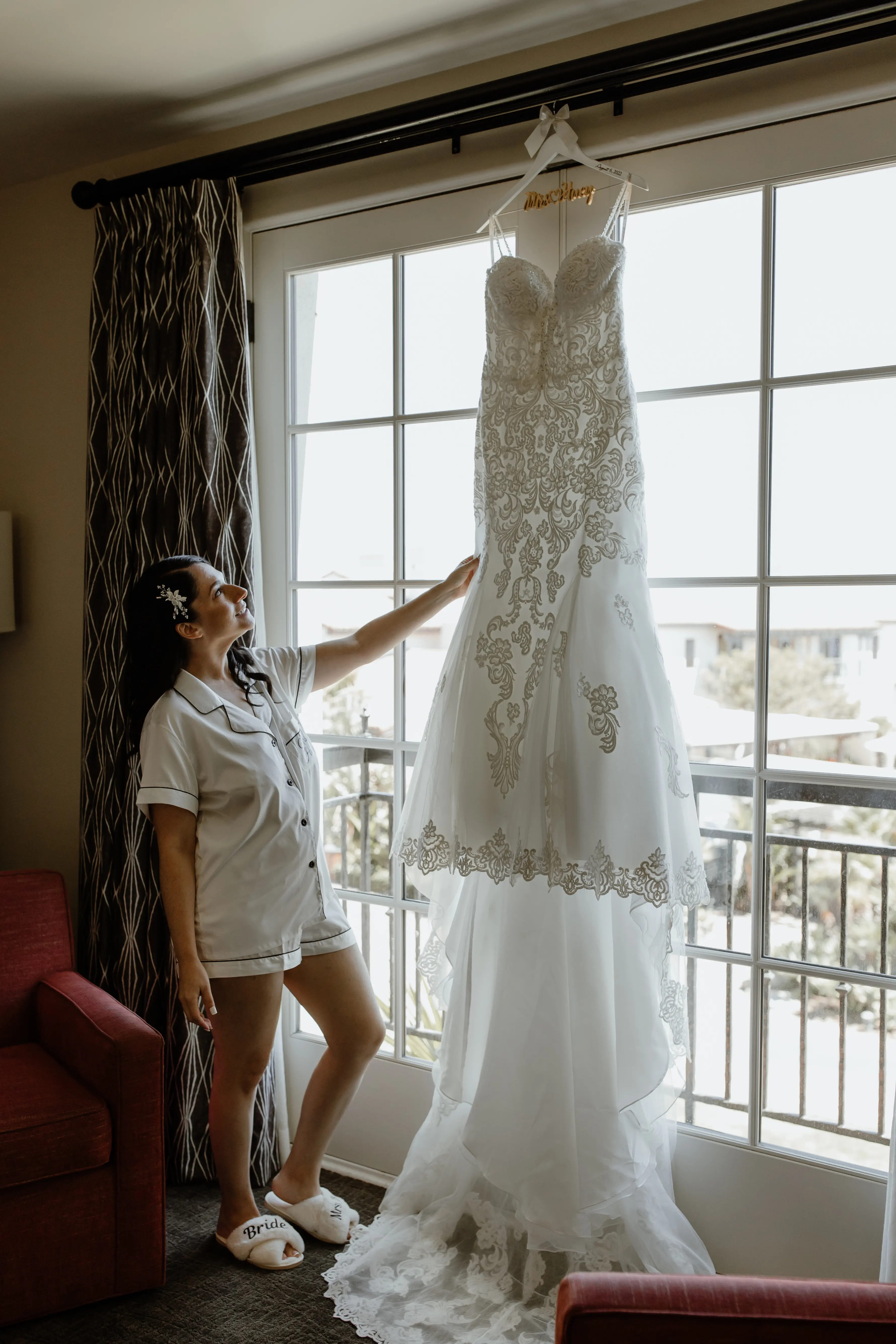 Bride In White Bridal Pajamas And Slippers With Lace Wedding Dress Called Fiona By Maggie Sottero