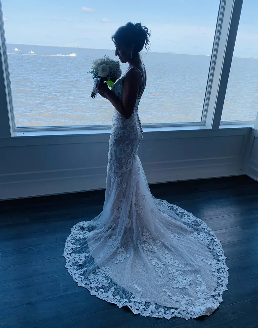 Bride Wearing Lace Sheath Wedding Dress Tuscany Lynette By Maggie Sottero
