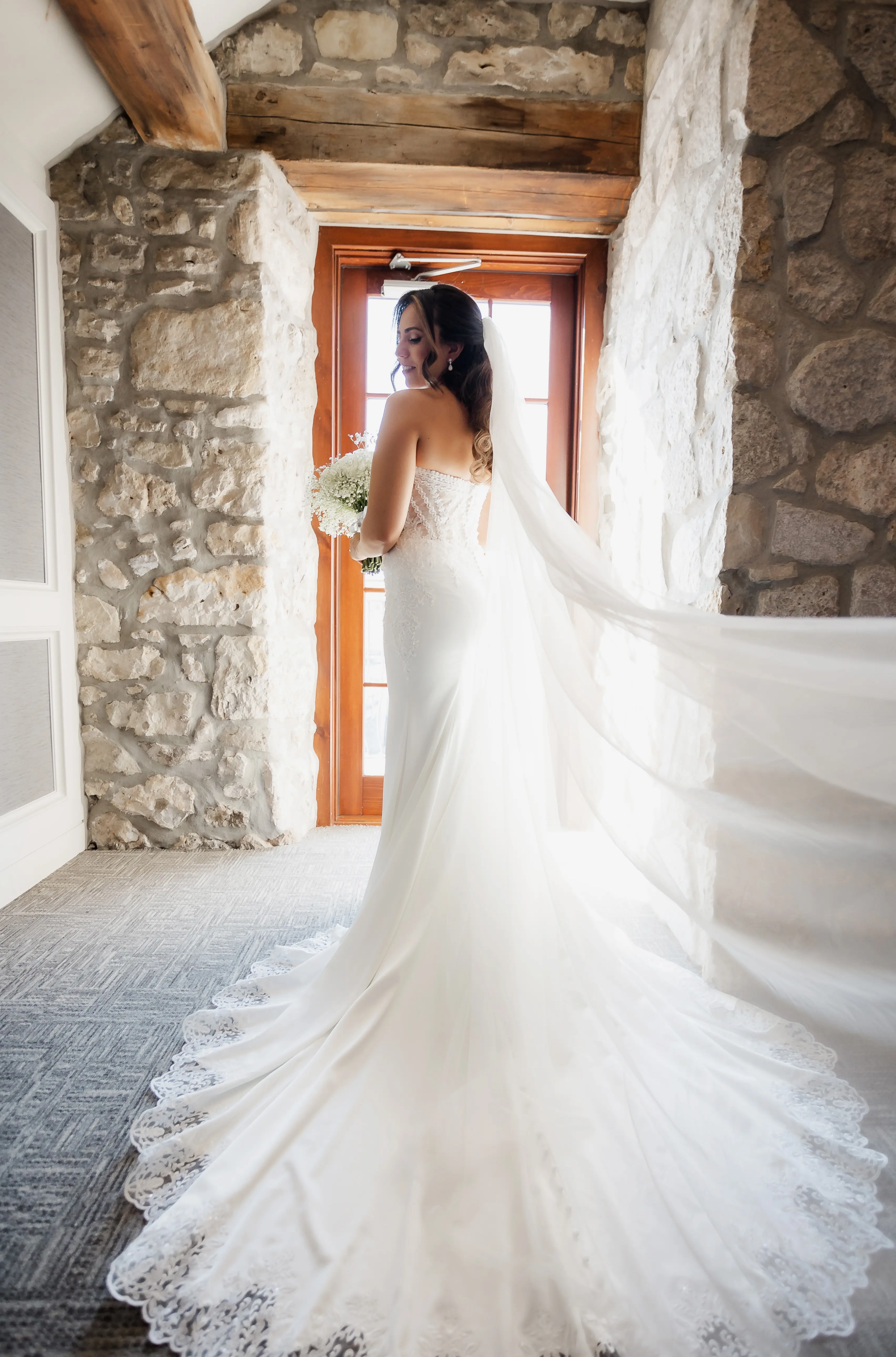 Bride in Opulent Stretch Satin Vintage Sheath Wedding Dress with Scoop Back called Yates by Maggie Sottero