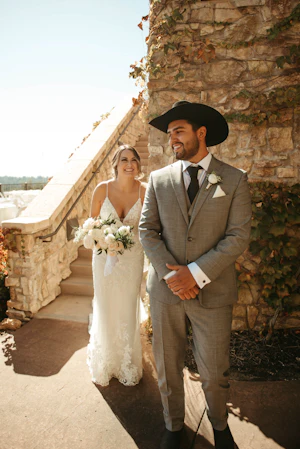 Groom With Bride Wearing Sparkly Lace Fit-And-Flare Fontaine By Maggie Sottero