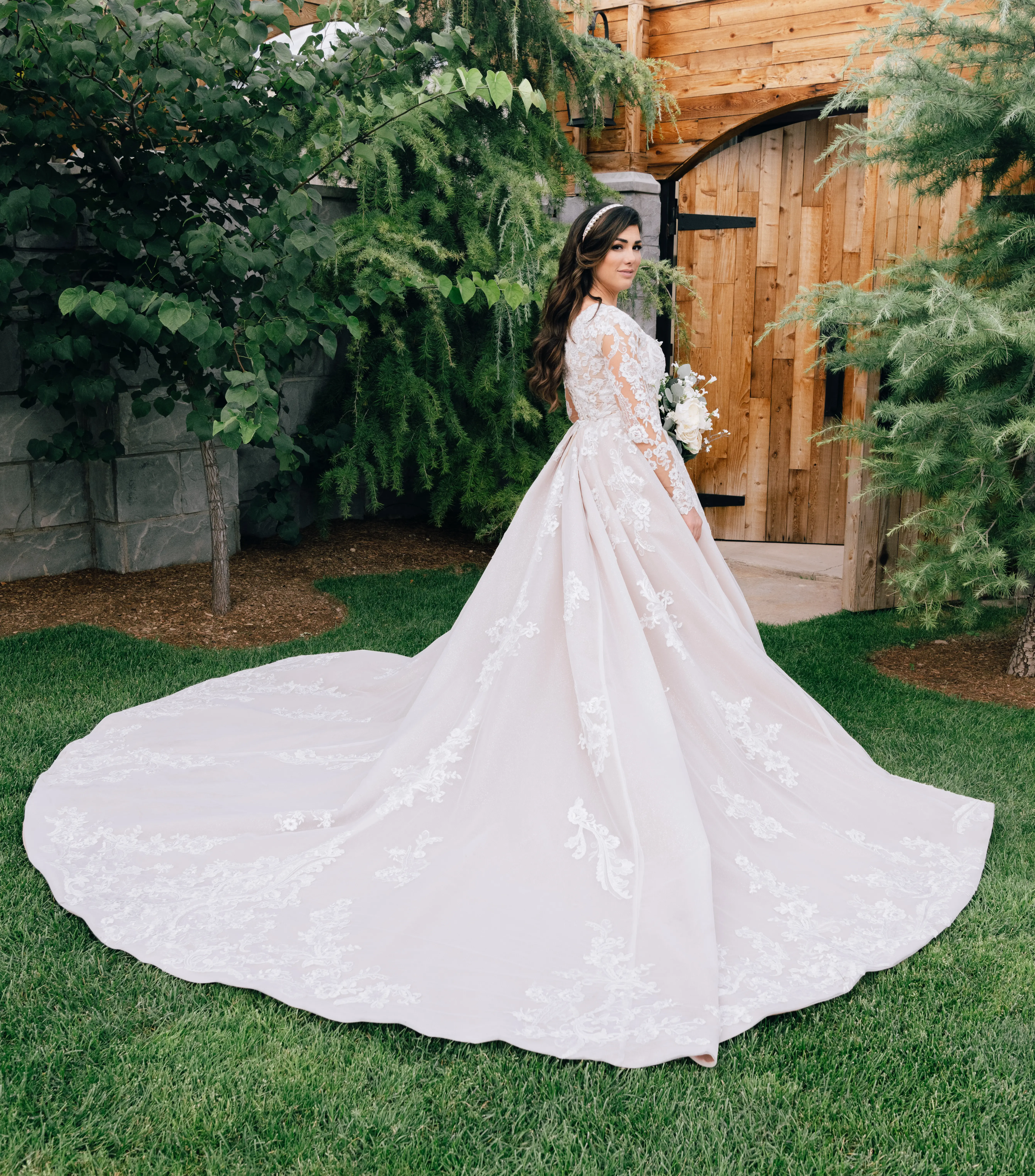 Real Bride in Long Sleeve Regal Ball Gown Wedding Dress in Sparkly Lace Called Norvinia Lynette by Sottero & Midgely