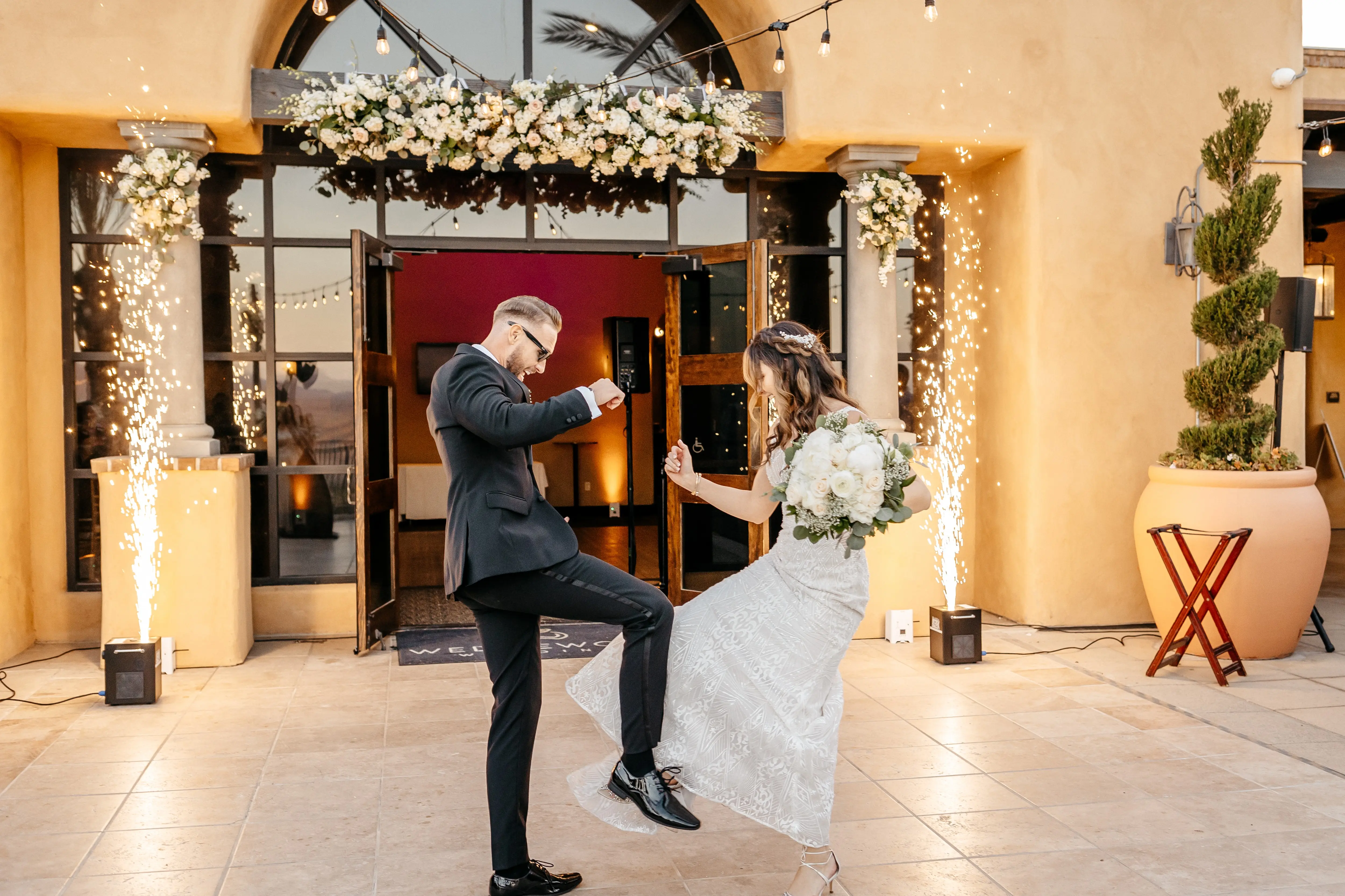 Groom With Bride Wearing Art Deco Wedding Dress Elaine By Maggie Sottero