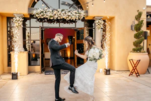 Groom With Bride Wearing Art Deco Wedding Dress Elaine By Maggie Sottero