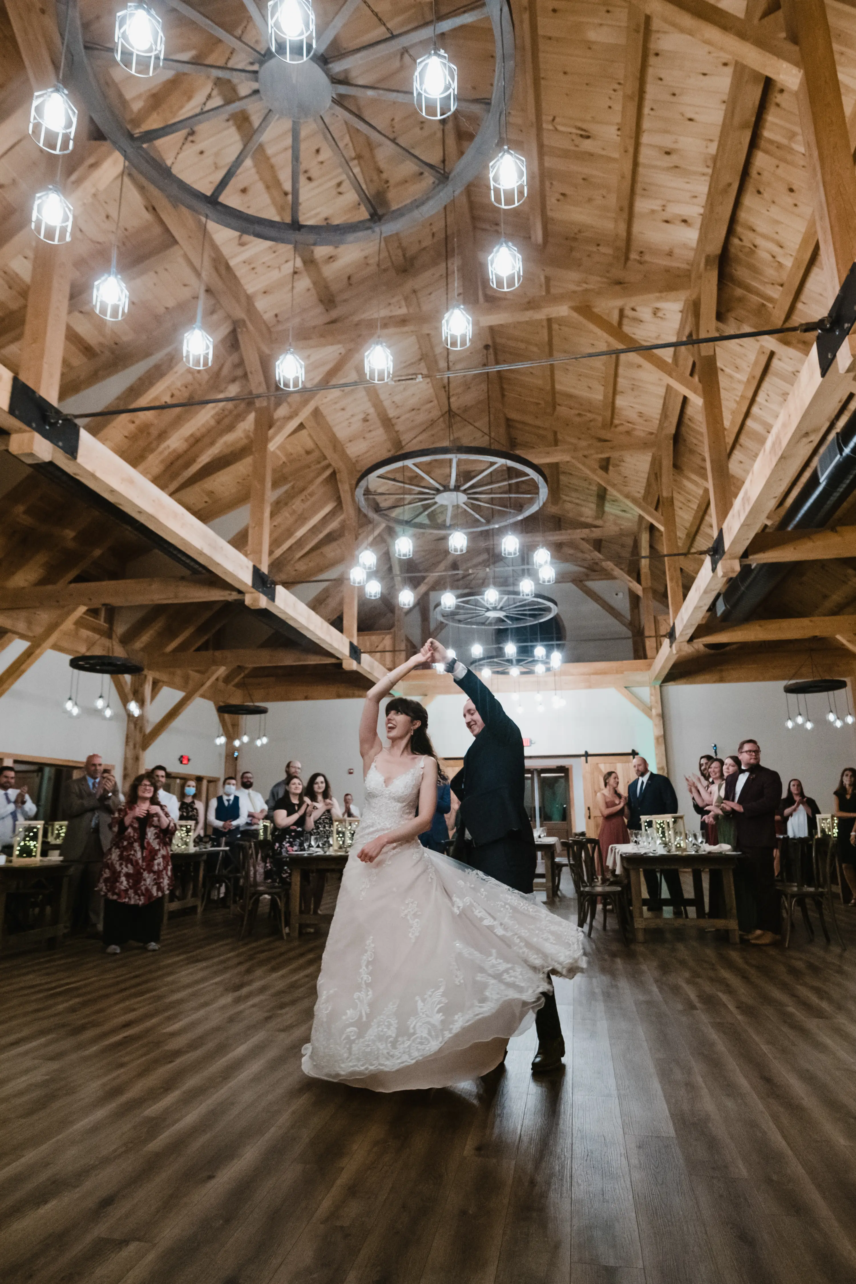 Bride Wearing Lace A-Line Wedding Dress Called Wallis By Maggie Sottero Dancing With Groom