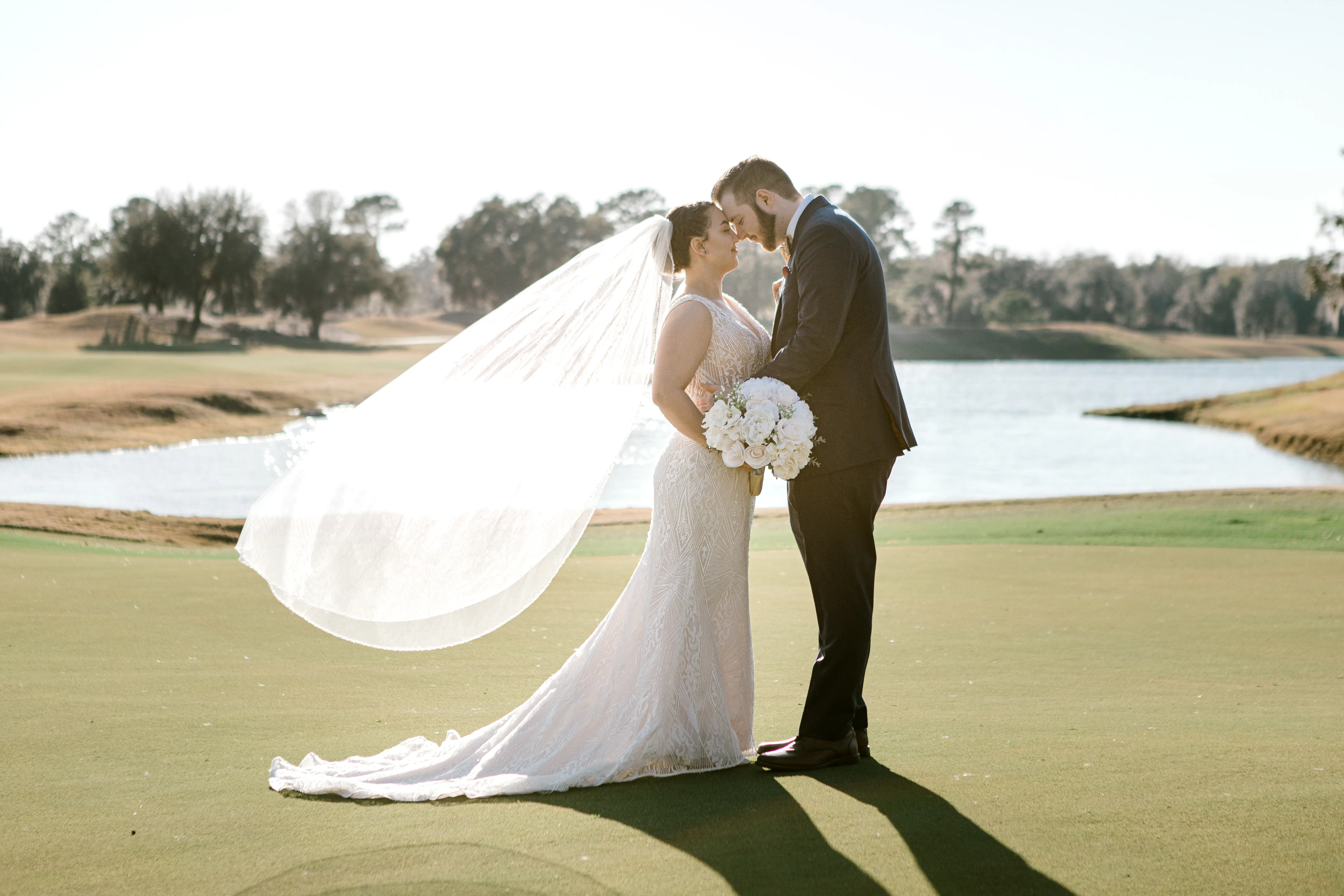 Groom with Bride in Gorgeous Art Deco Wedding Dress with Plunging Illusion V-Neckline Called Elaine by Maggie Sottero