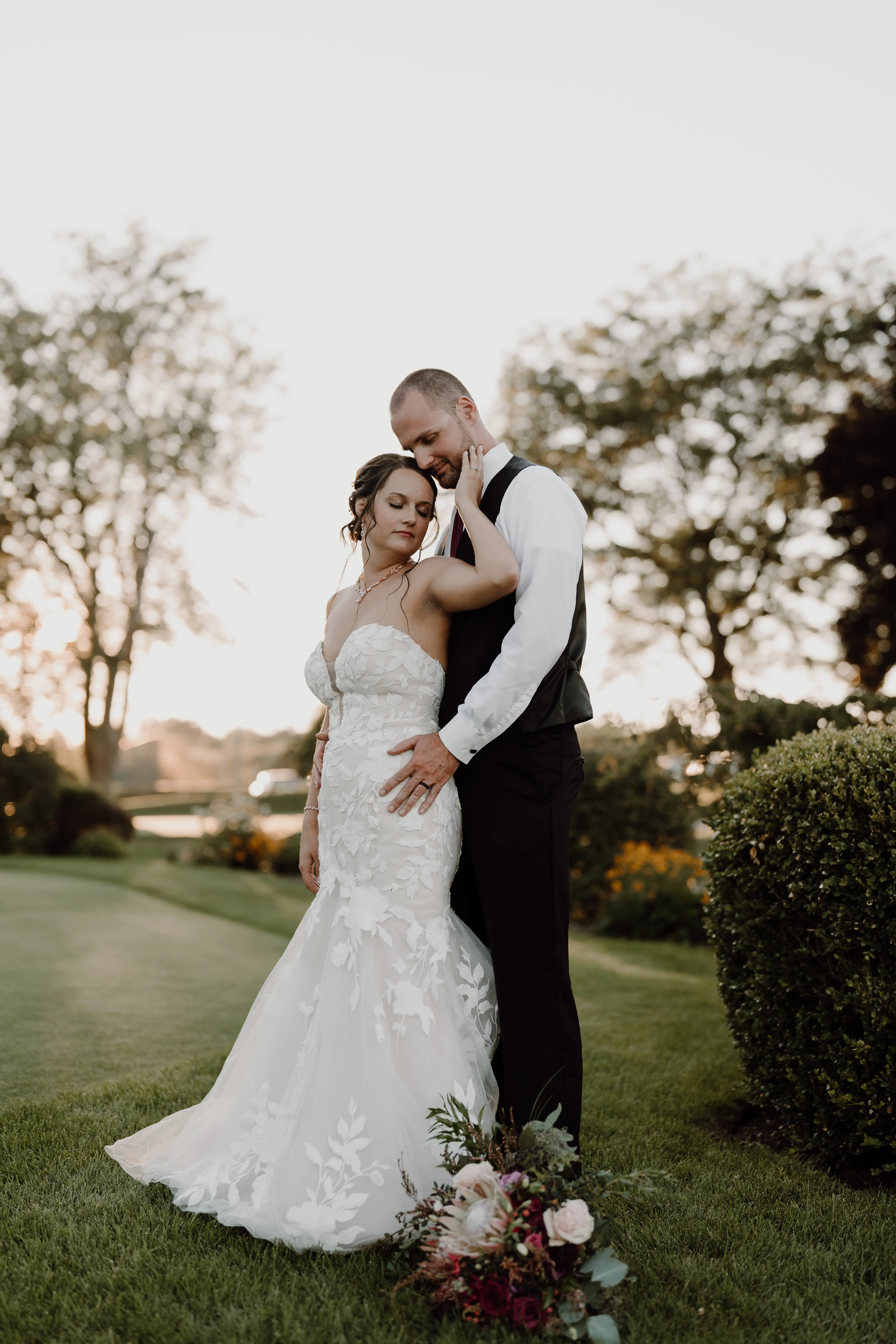 Groom With Bride Wearing Mermaid Wedding Dress With Oversized Lace Hattie By Rebecca Ingram