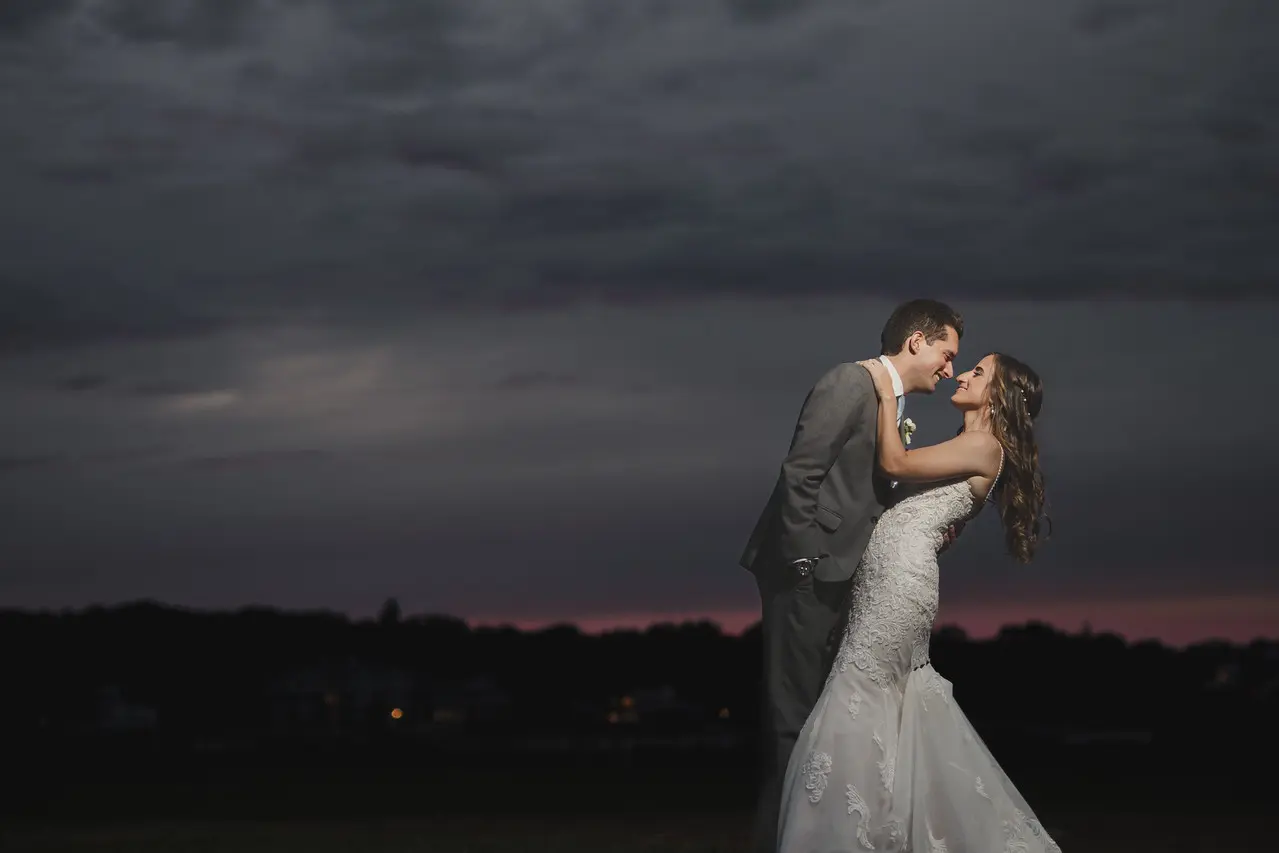 Real Bride in Sparkly Lace Fit-and Flare Bridal Dress with Detachable Off-the-Shoulder Sleeves called Fiona by Maggie Sottero