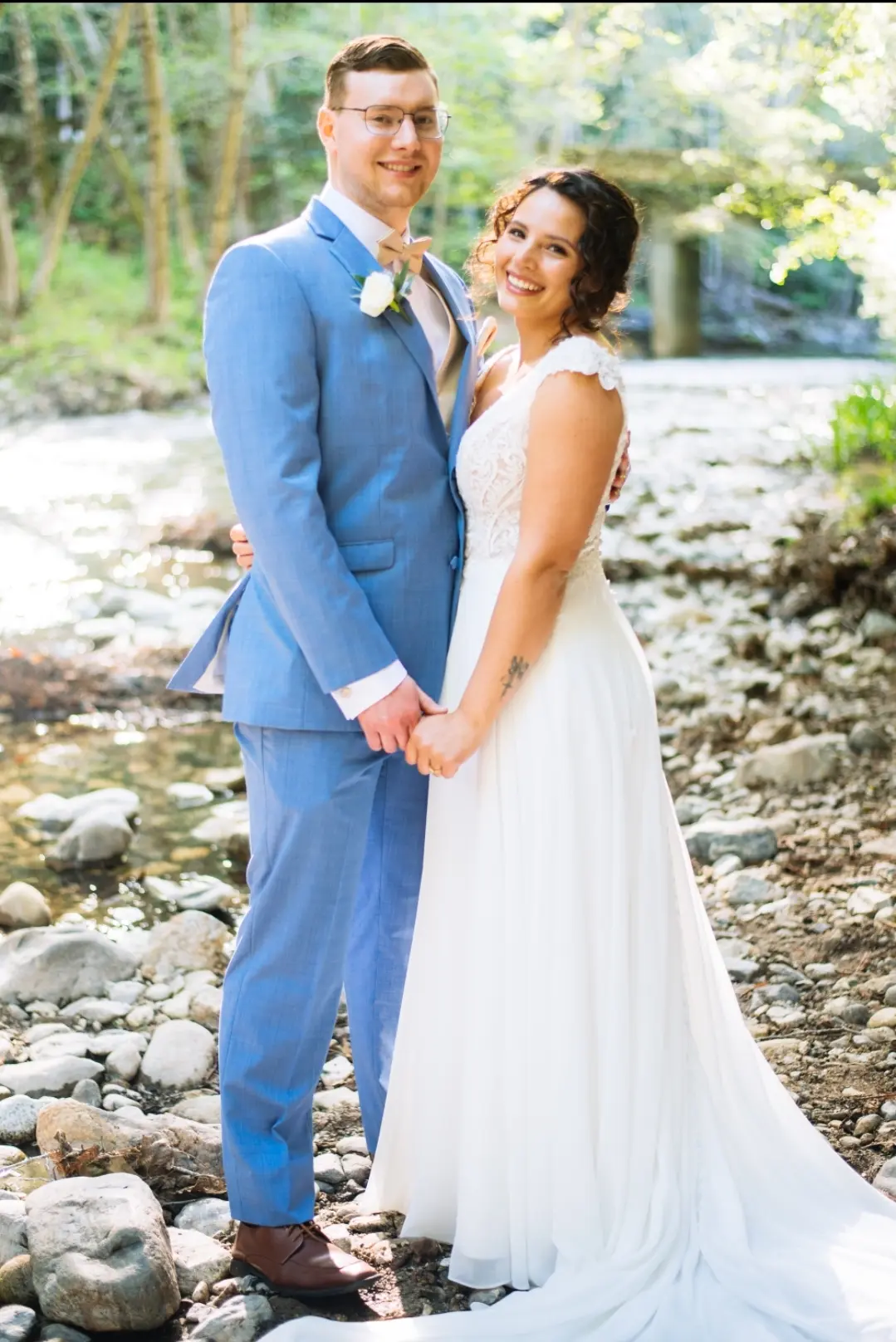 Groom With Bride Wearing Romantic Cap Sleeve Chiffon Wedding Dress June By Maggie Sottero