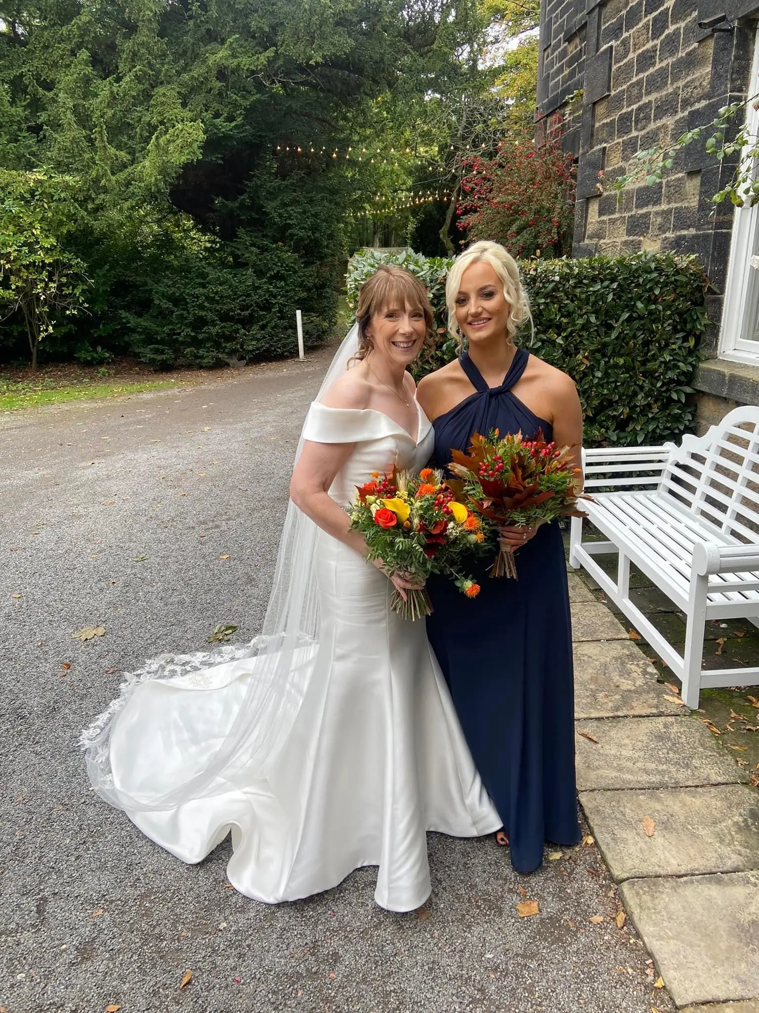 Real Bride in Off-the-Shoulder Fit-and-Flare Wedding Dress in Huron Mikado Called Josie by Rebecca Ingram
