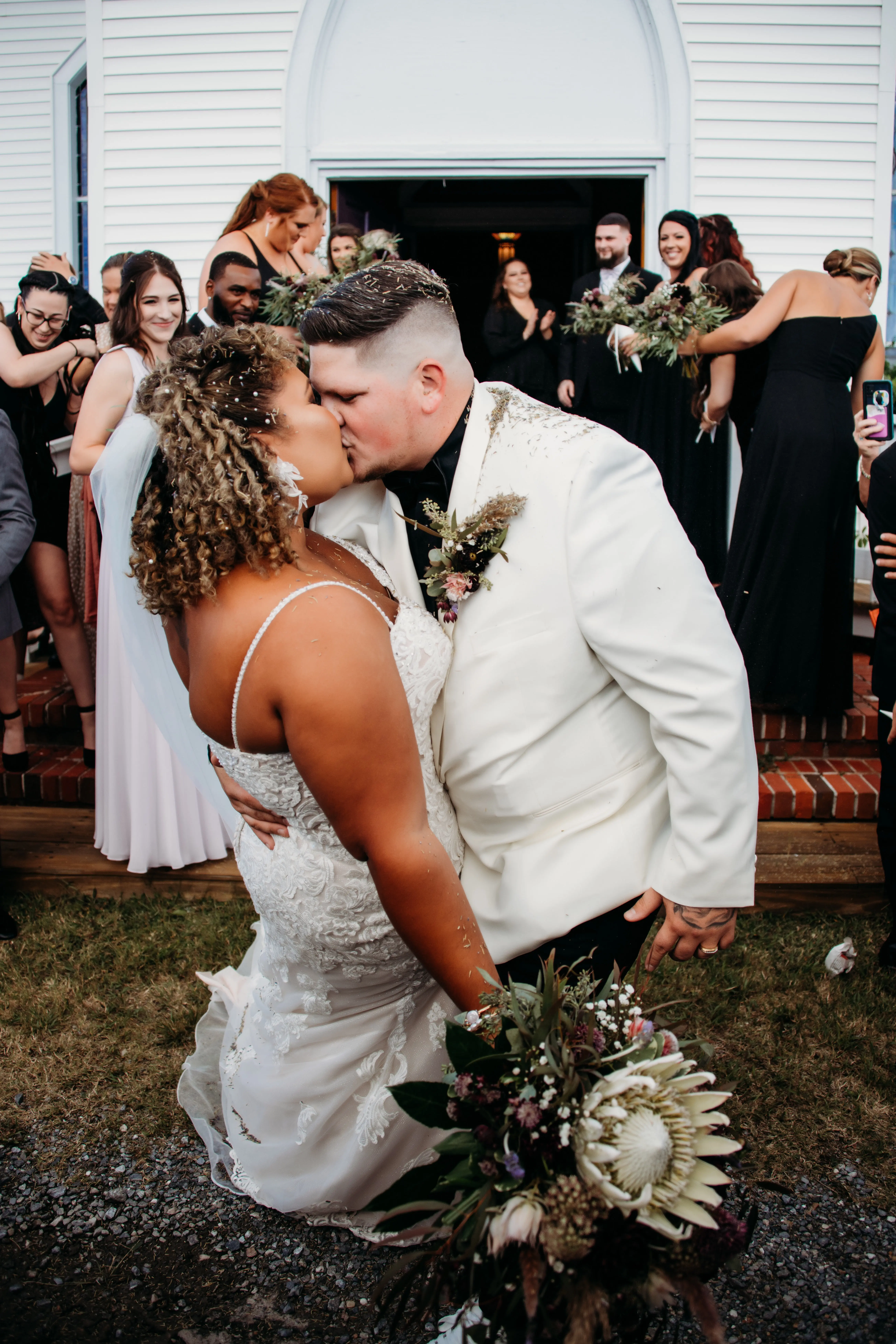 Real Bride in Breaded Sparkly Lace Fit-and-Flare Dress with Scalloped Illusion Lace Train Called Fiona by Maggie Sottero