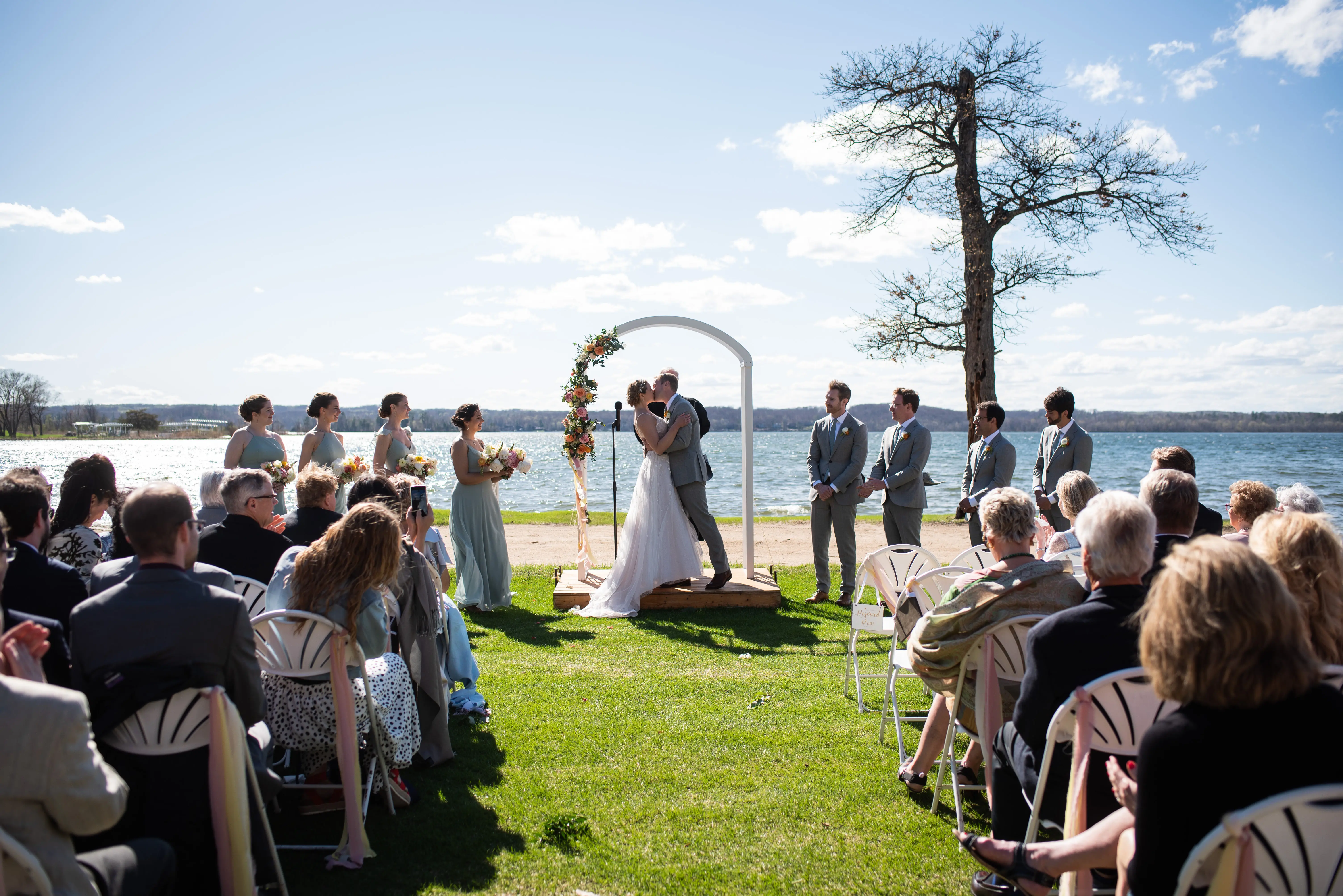 Groom With Bride Wearing Beaded Lace A-Line Wedding Dress With Flutter Sleeves Paige By Maggie Sottero