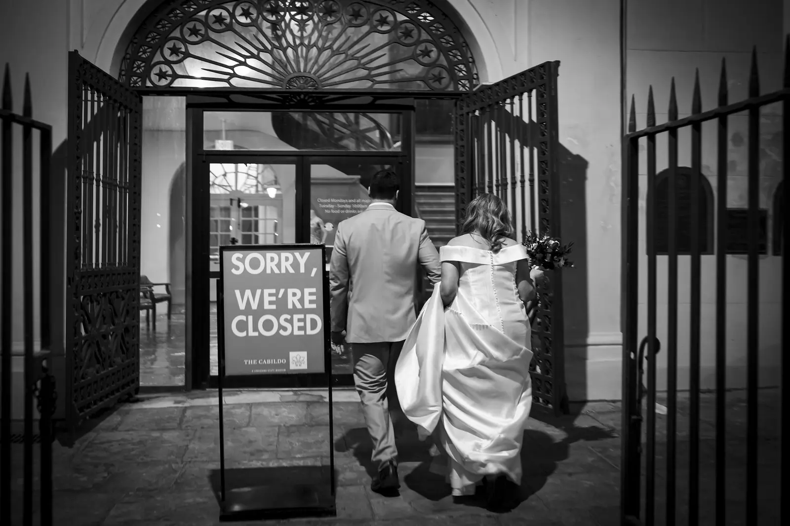 Bride And Groom Together. Bride Wearing Vintage Glamour Timeless Off-The-Shoulder Fit-And-Flare Wedding Dress Called Josie By Rebecca Ingram