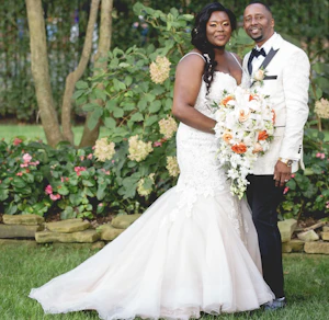 Groom with Real Bride in Beaded Sweetheart Neckline Wedding Dress Named Alistaire Lynette By Maggie Sottero