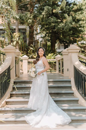 Real Bride in Floral Lace Boho A-Line Wedding Dress with Deep Illusion V-Neckline Called Lorenza by Maggie Sottero