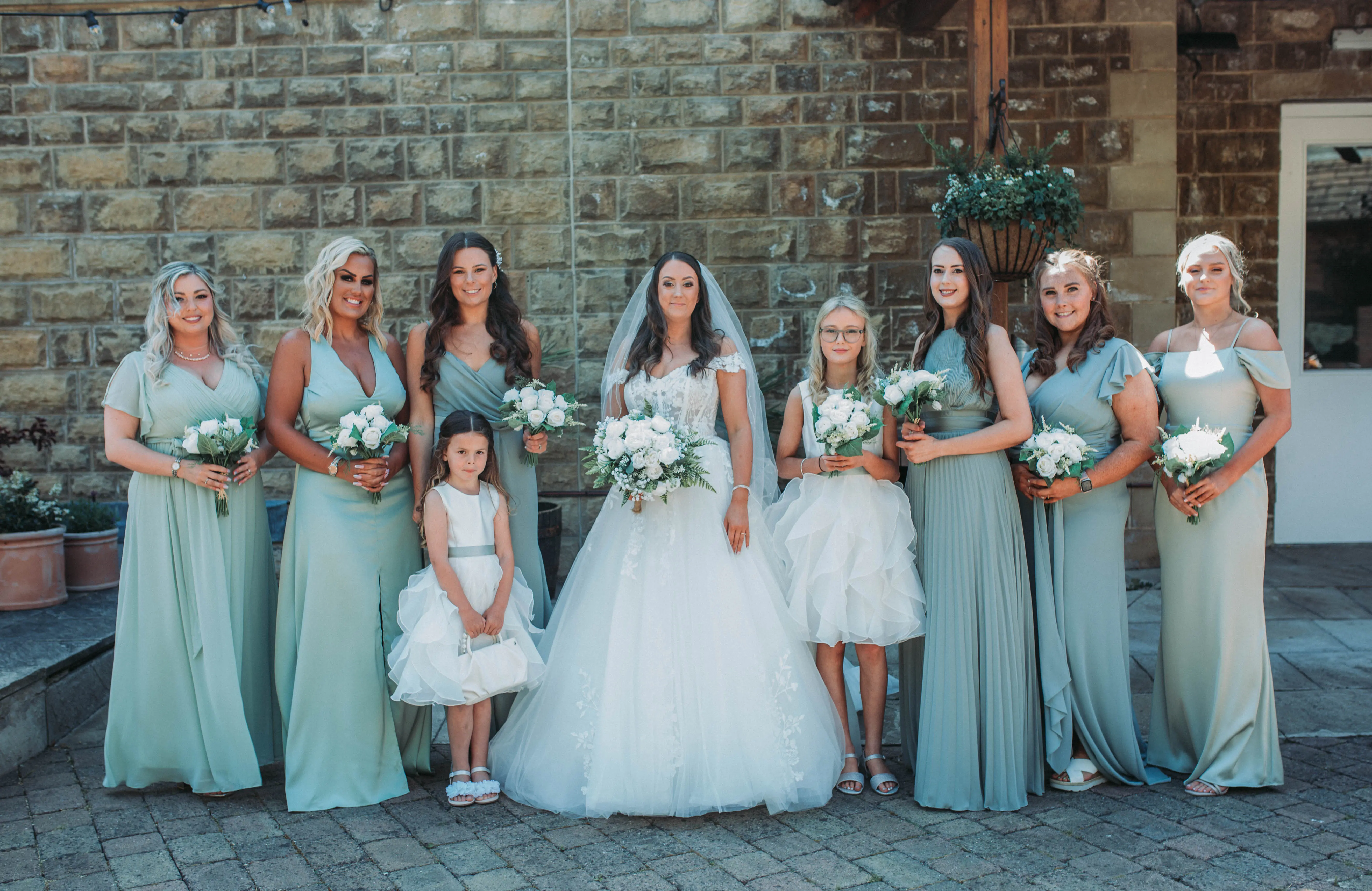 Bride In Off-the-shoulder Fairytale Harlem Maggie Sottero With Bridesmaids