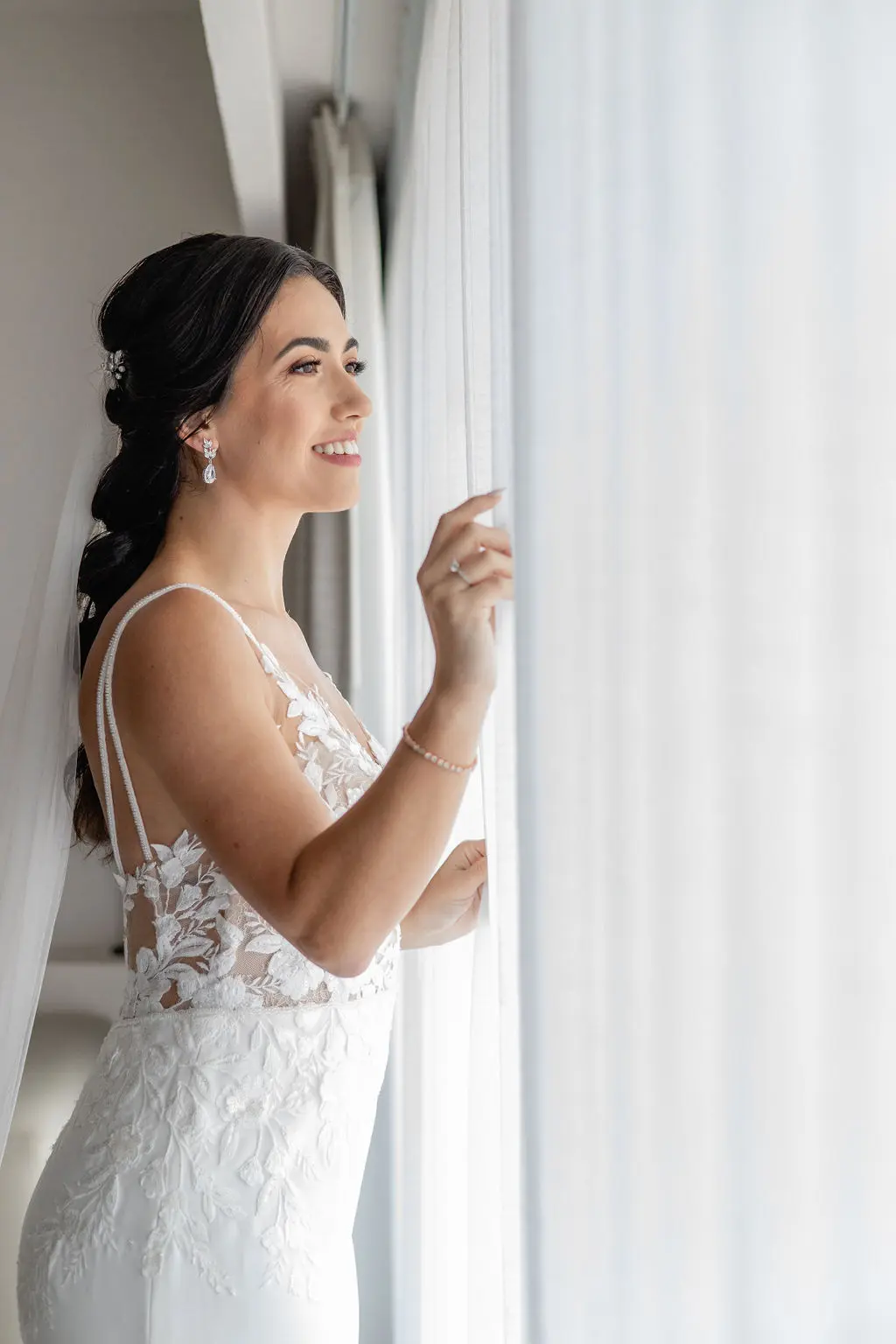 Real Bride in Backless Crepe Bridal Gown with Lace Motifs and Beaded Spaghetti Straps Called Baxley by Maggie Sottero