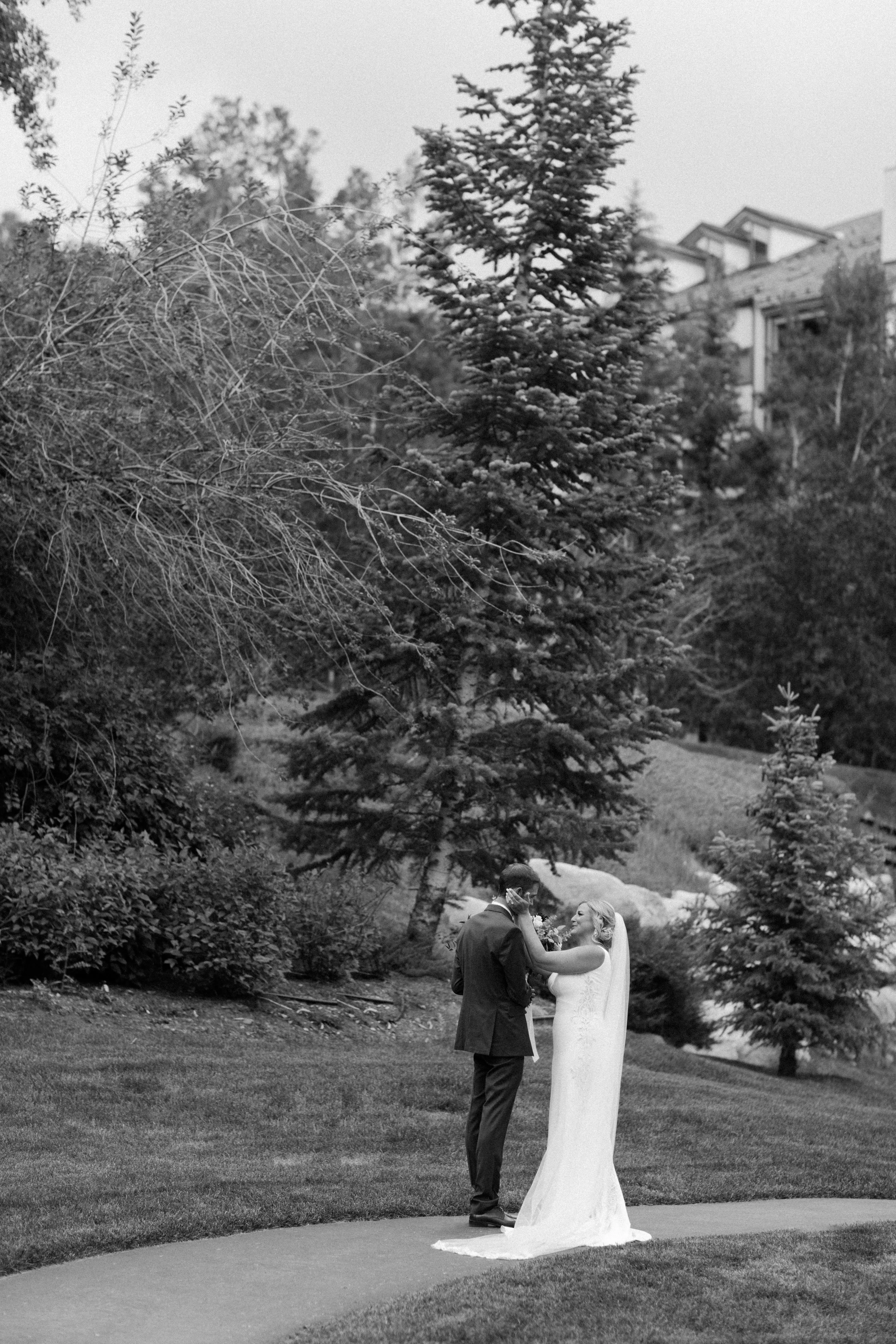 Bride With Groom Wearing Simple Vintage V-back Dress Abbott Dawn By Sottero and Midgley
