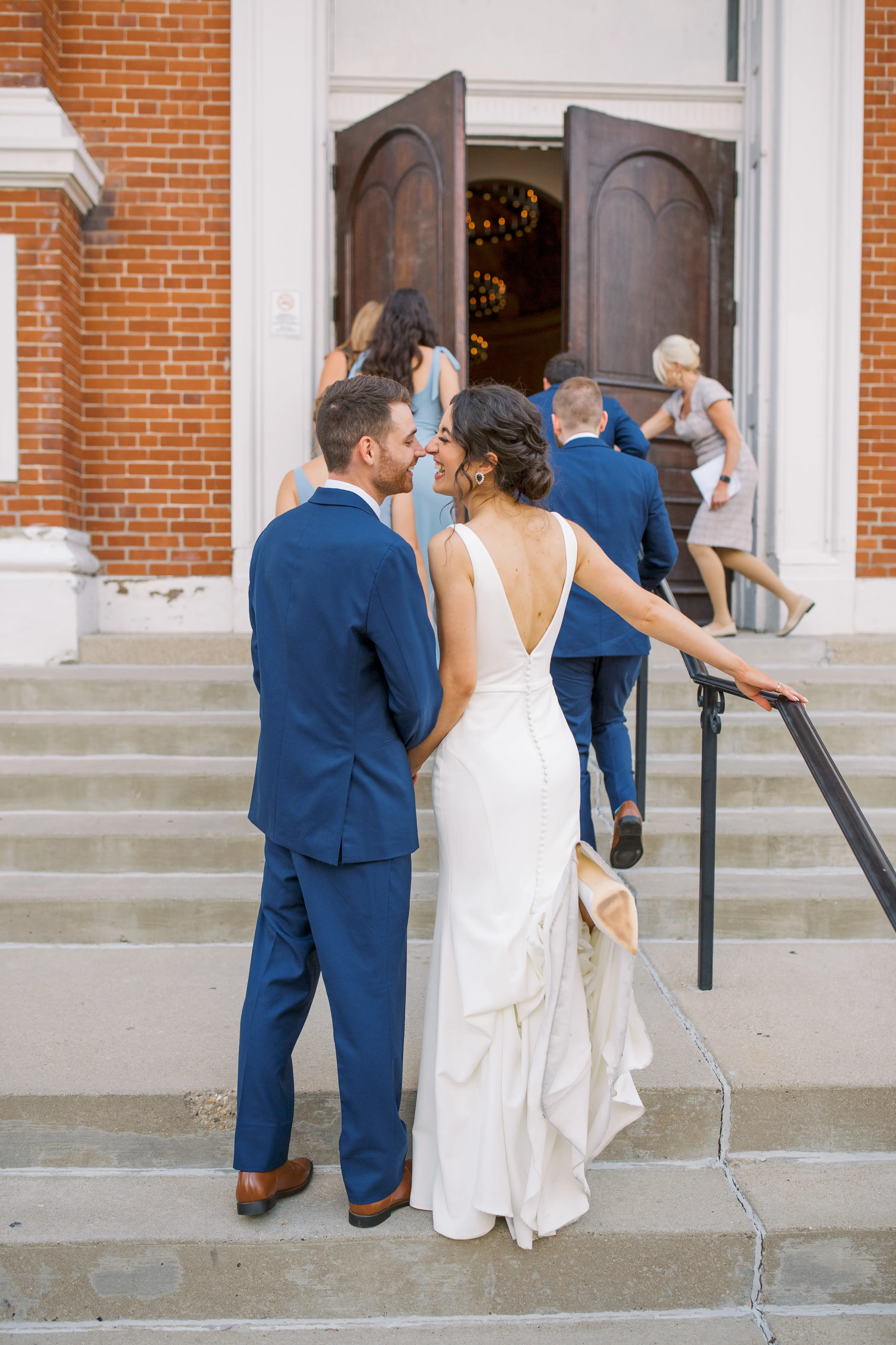Bride In Simple Crepe V-neck Theodora Rebecca Ingram With Groom