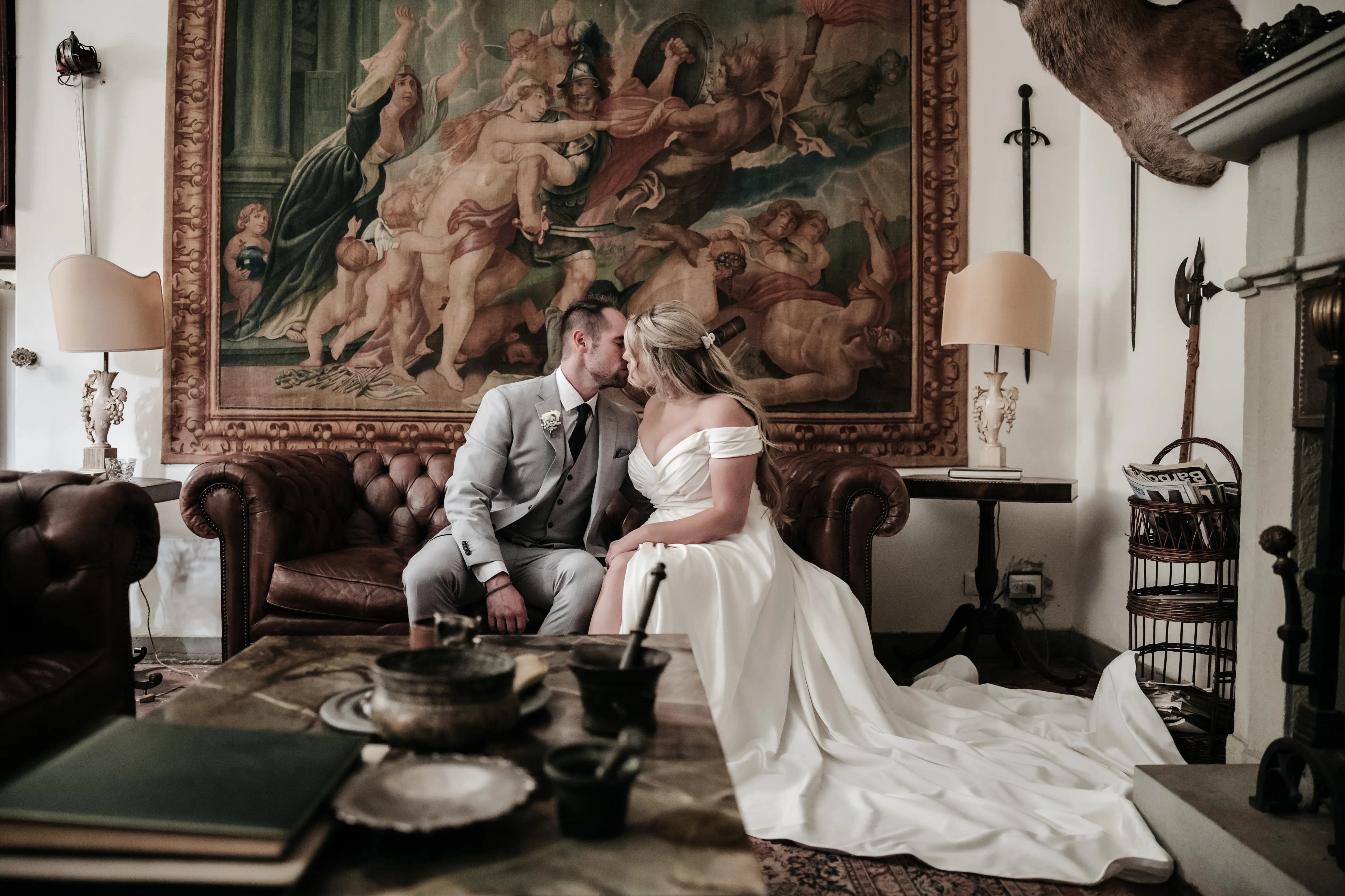 Groom With Bride Wearing A-Line Satin Off-The-Shoulder Satin Wedding Dress Ekaterina By Maggie Sottero