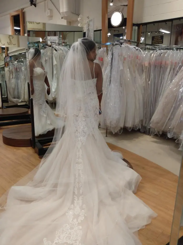 Bride wearing Lace Mermaid Wedding Dress called Alistaire by Maggie Sottero
