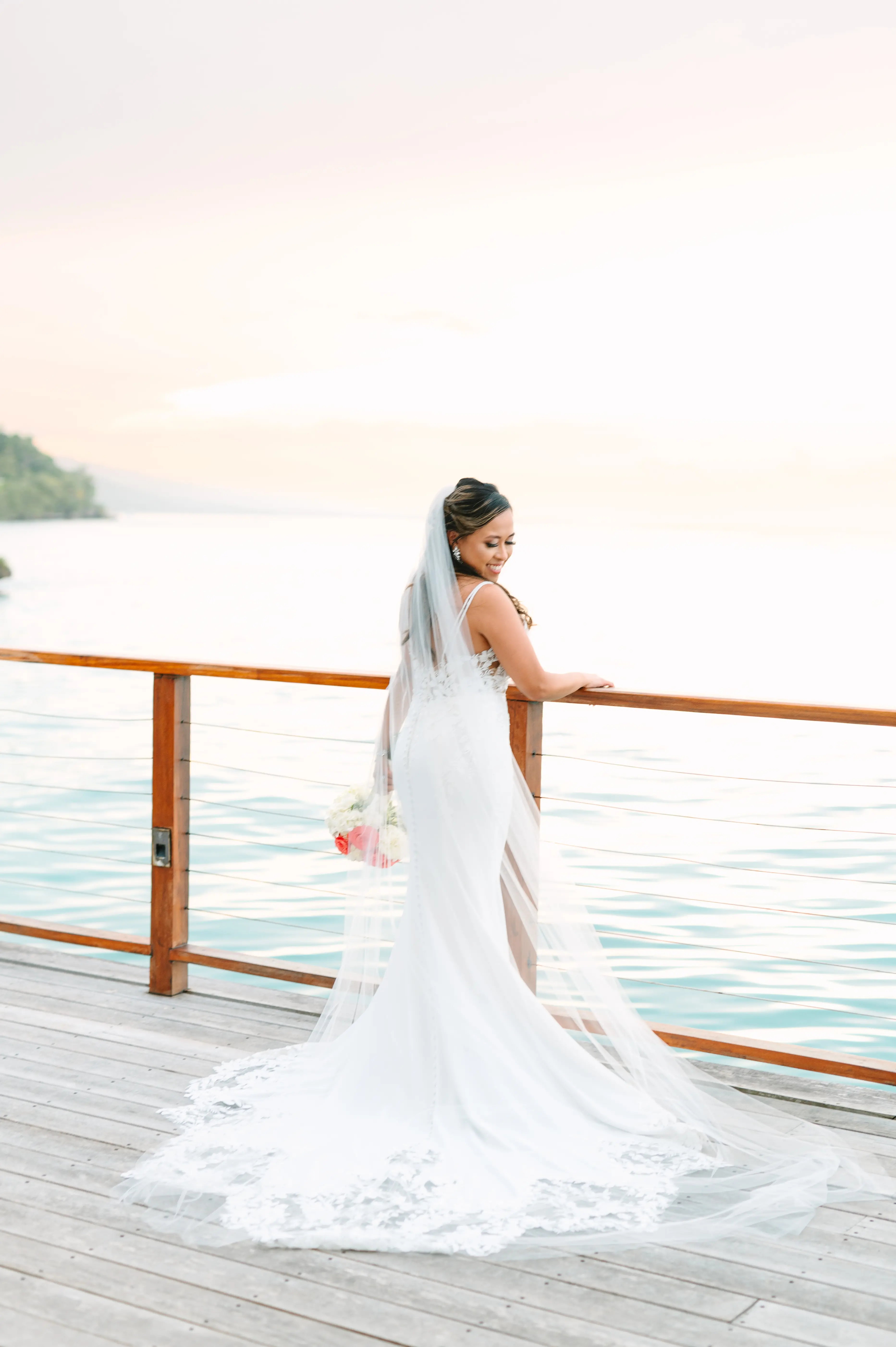 Real Bride in Backless Crepe Wedding Gown with Scalloped Lace Cutout Train Called Baxley by Maggie Sottero