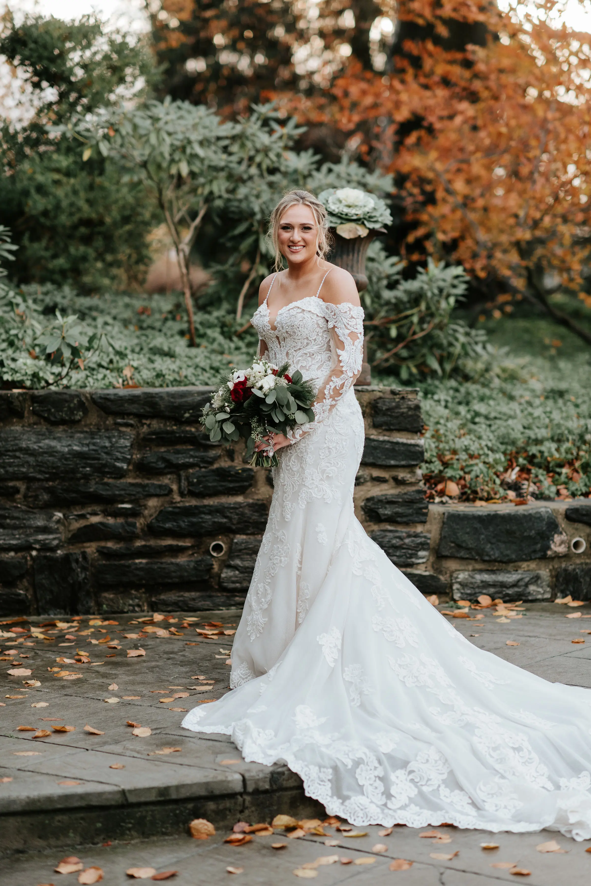 Real Bride in Sparkly Lace Fit-and-Flare Bridal Dress with Off-the-Shoulder Sleeves Called Fiona by Maggie Sottero