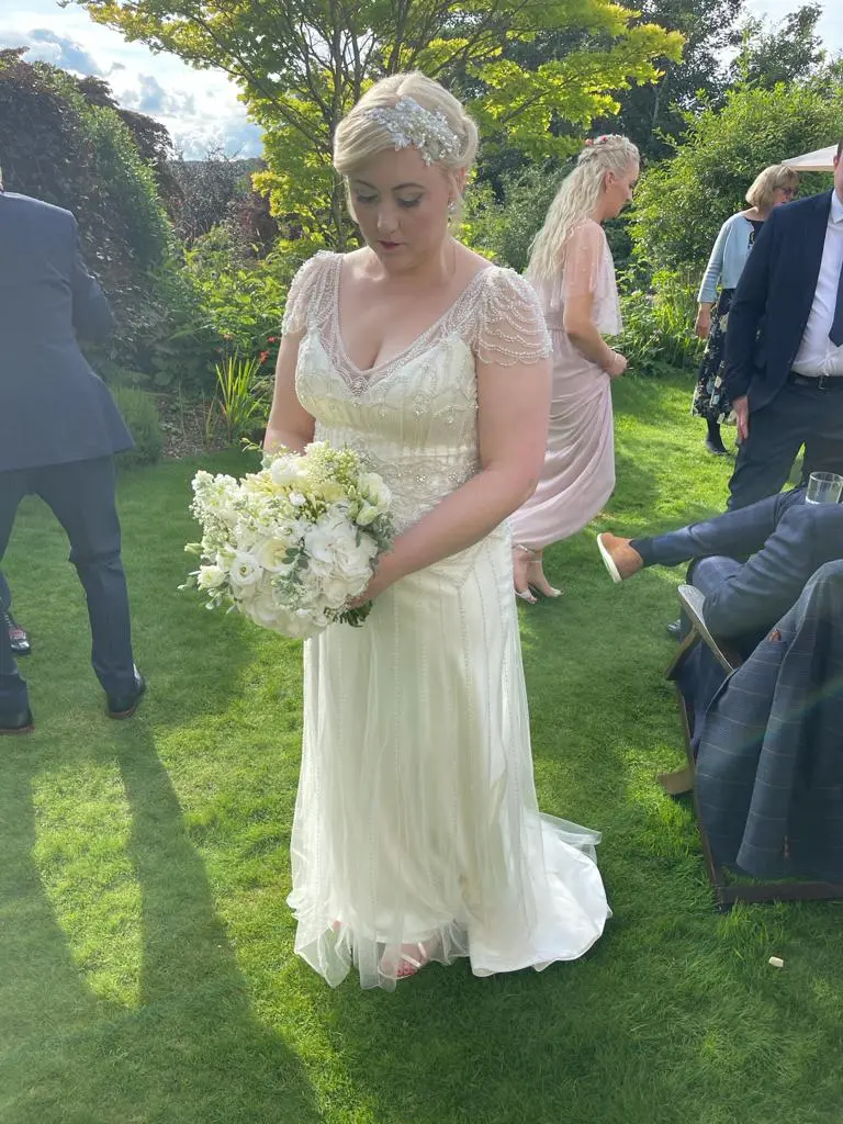 Bride Wearing Vintage Style Satin Sheath Wedding Dress Ettia By Maggie Sottero