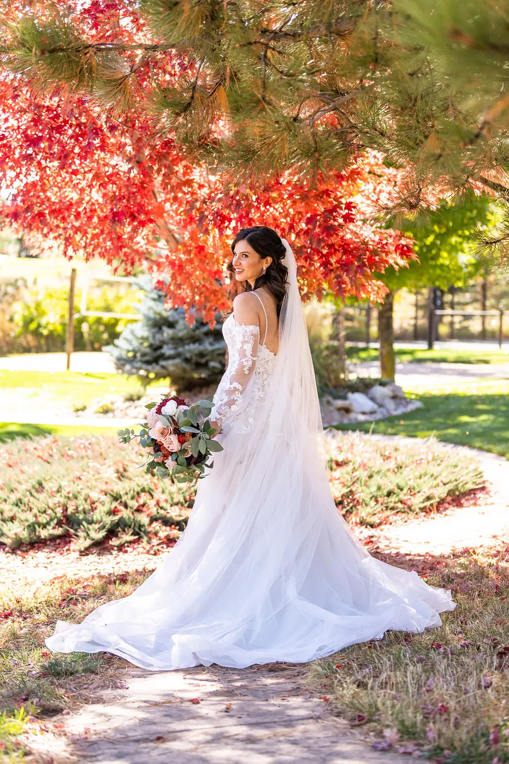 Bride wearing boho A-line wedding dress