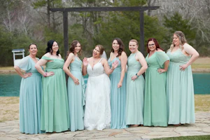 Bridesmaids With Bride. Bride Wearing Boho Princess A-line Wedding Dress Called Roxanne By Sottero And Midgley