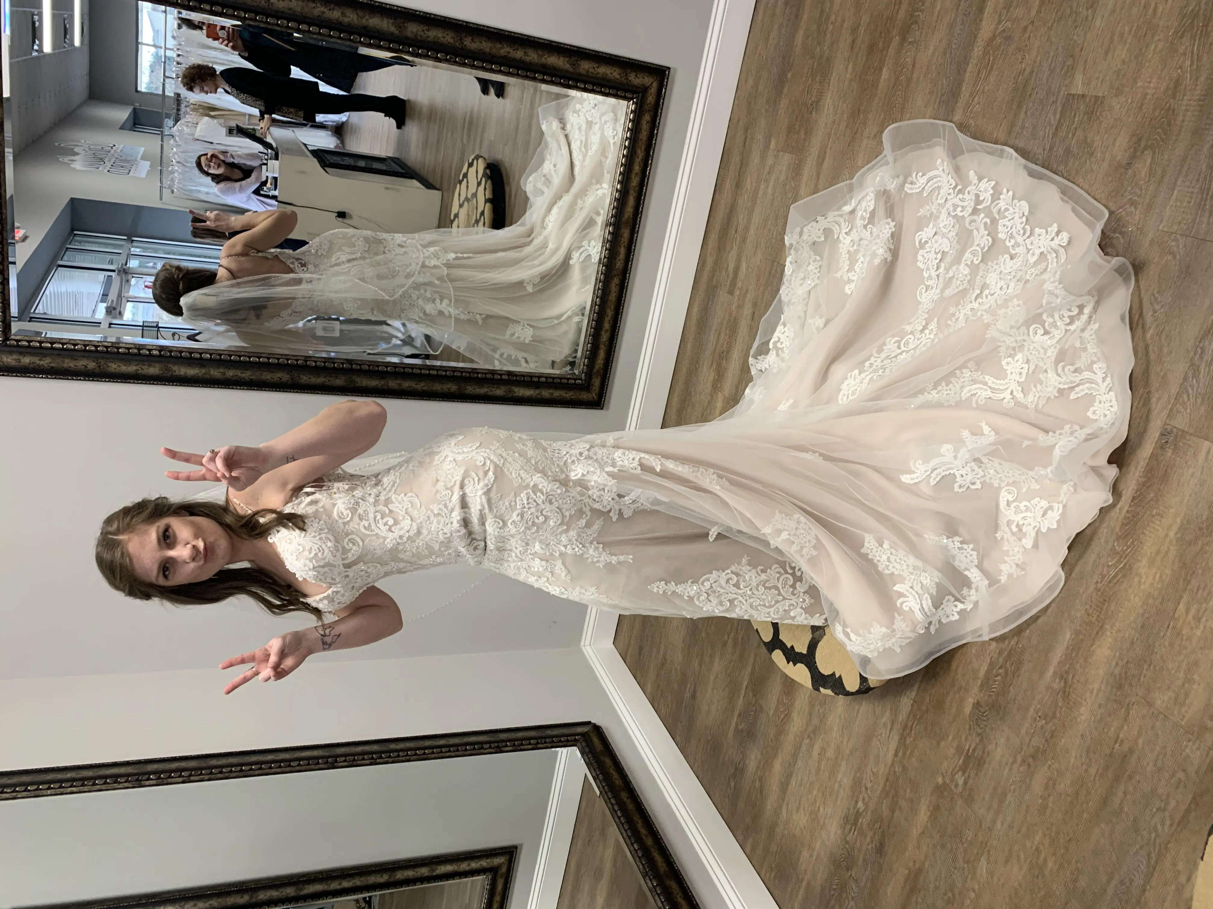Bride Wearing Sheath Lace Wedding Dress Called Glorietta By Maggie Sottero