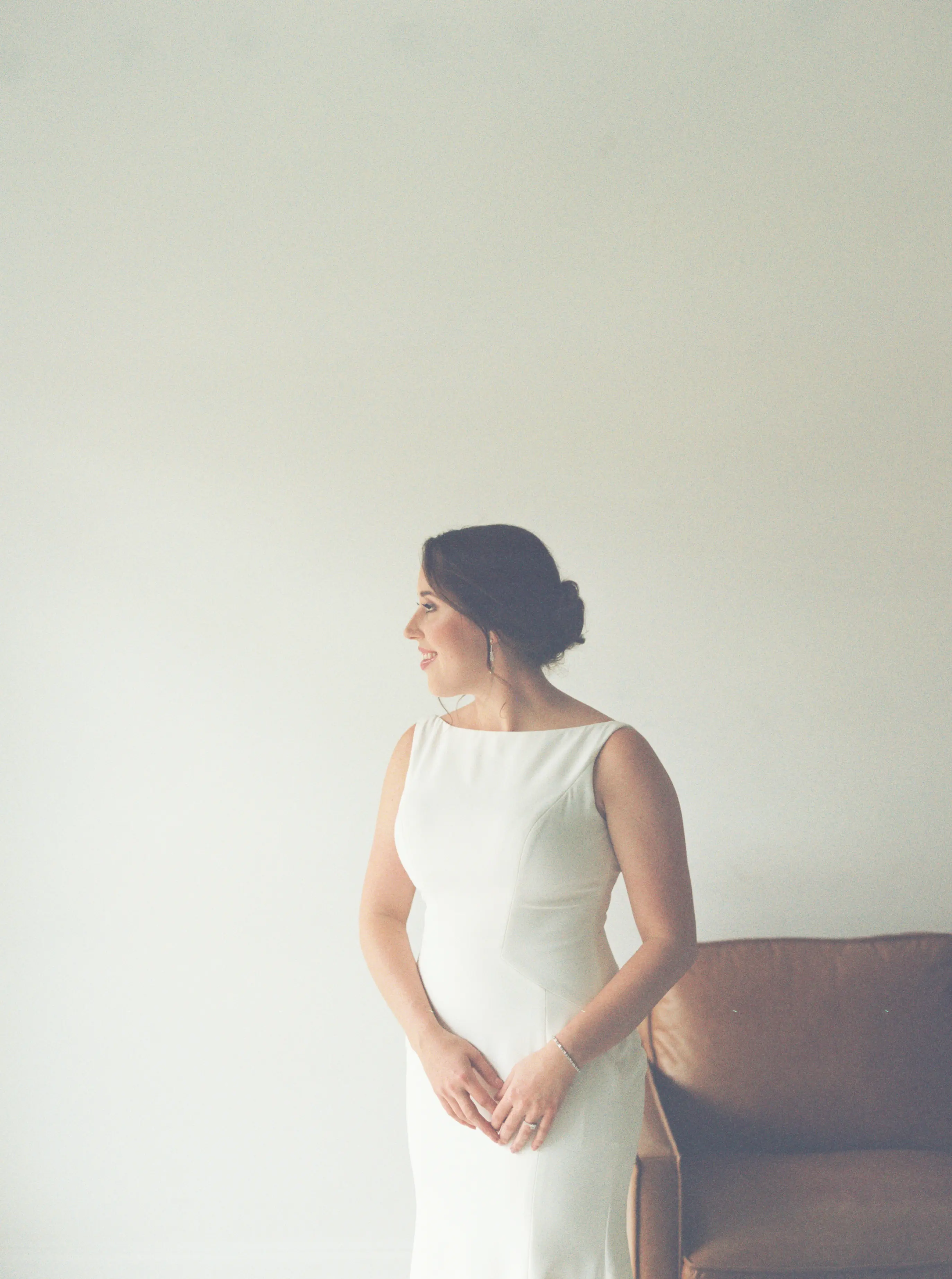 Bride Wearing Classic Sheath Wedding Dress Alice By Rebecca Ingram