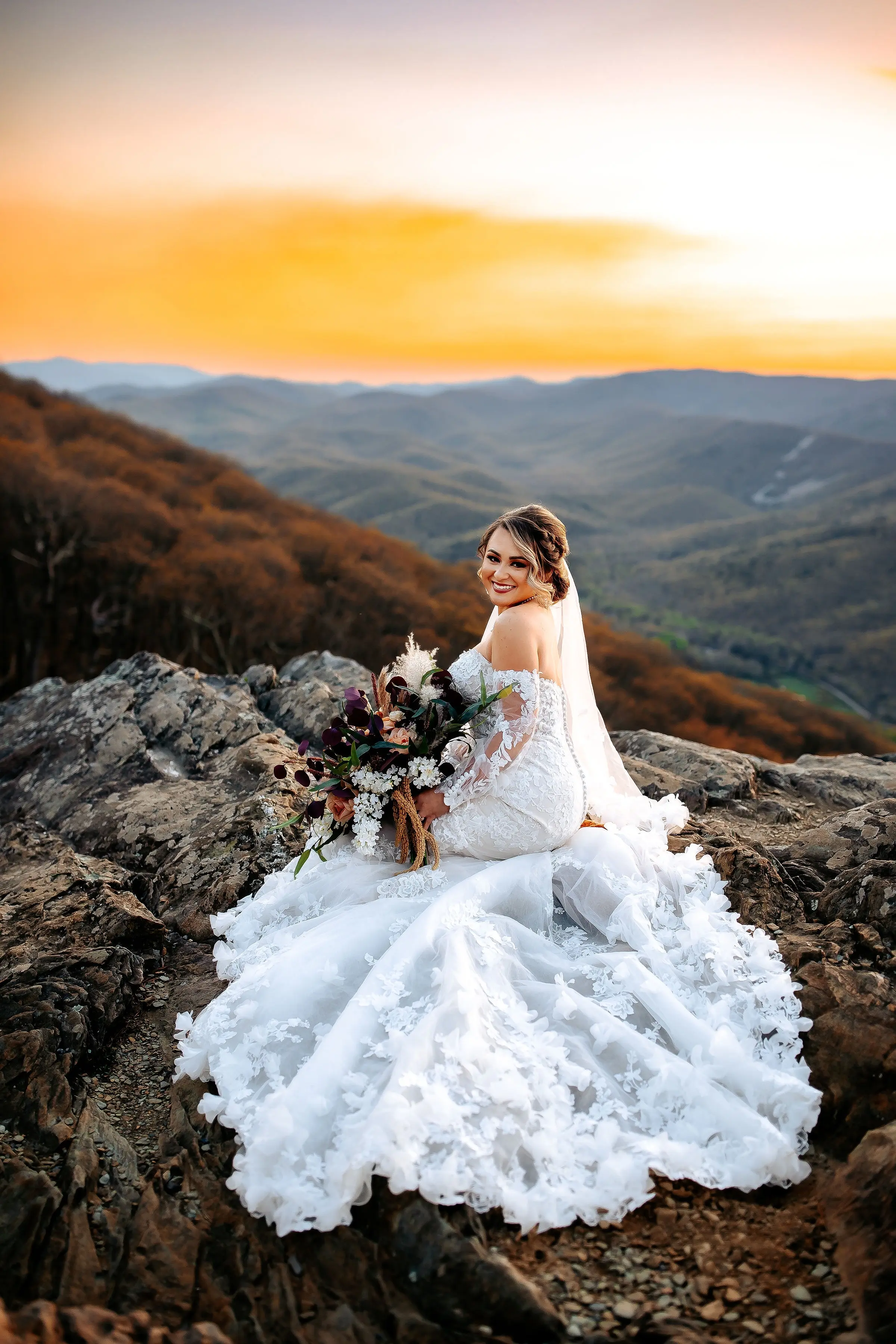 Bride Wearing 3-D Floral Fit-And-Flare Wedding Dress Called Ryker By Sottero And Midgley In The Outdoors