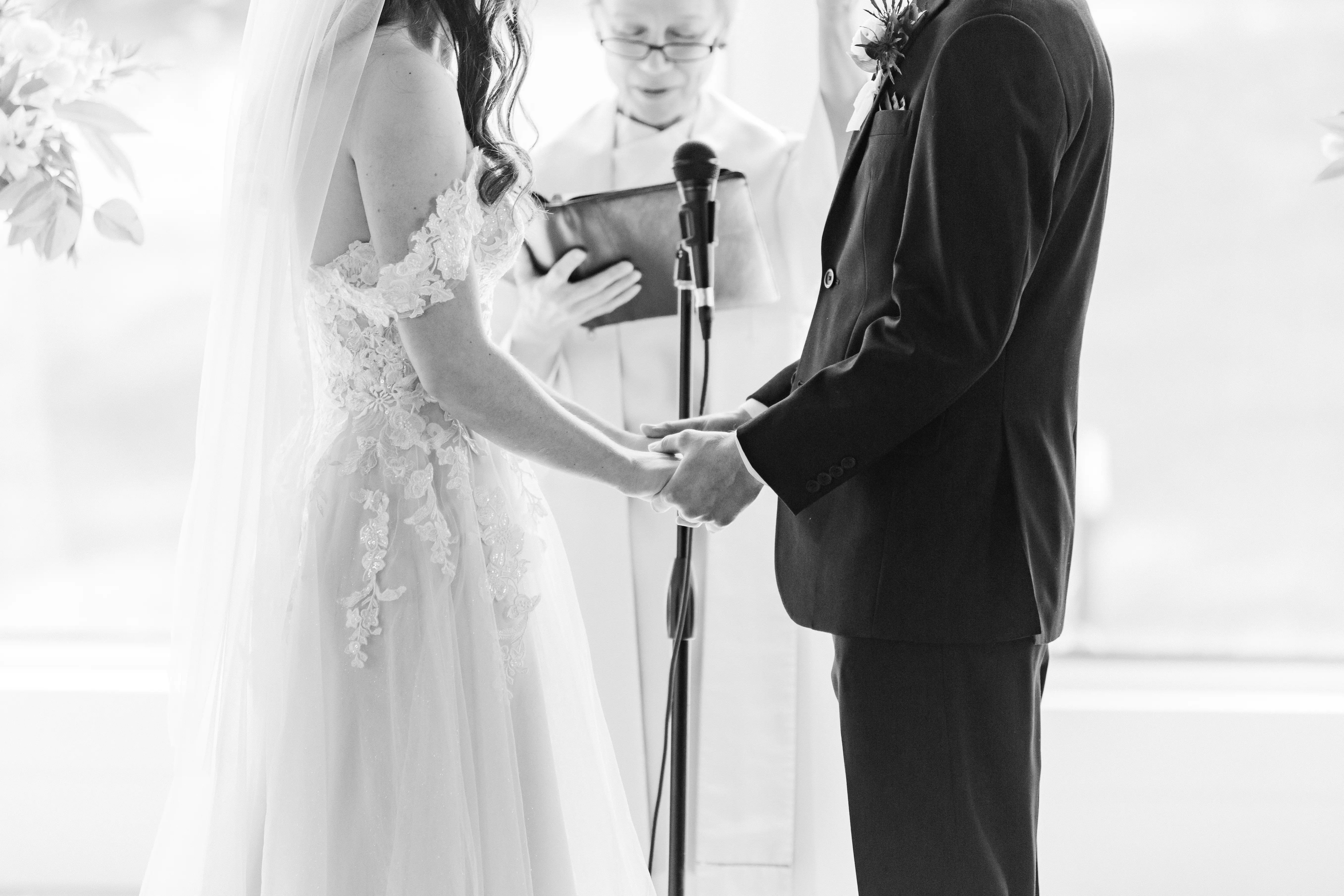Groom With Bride Wearing A-Line Lace Wedding Dress With Customized Off The Shoulder Sleeves Stevie By Maggie Sottero