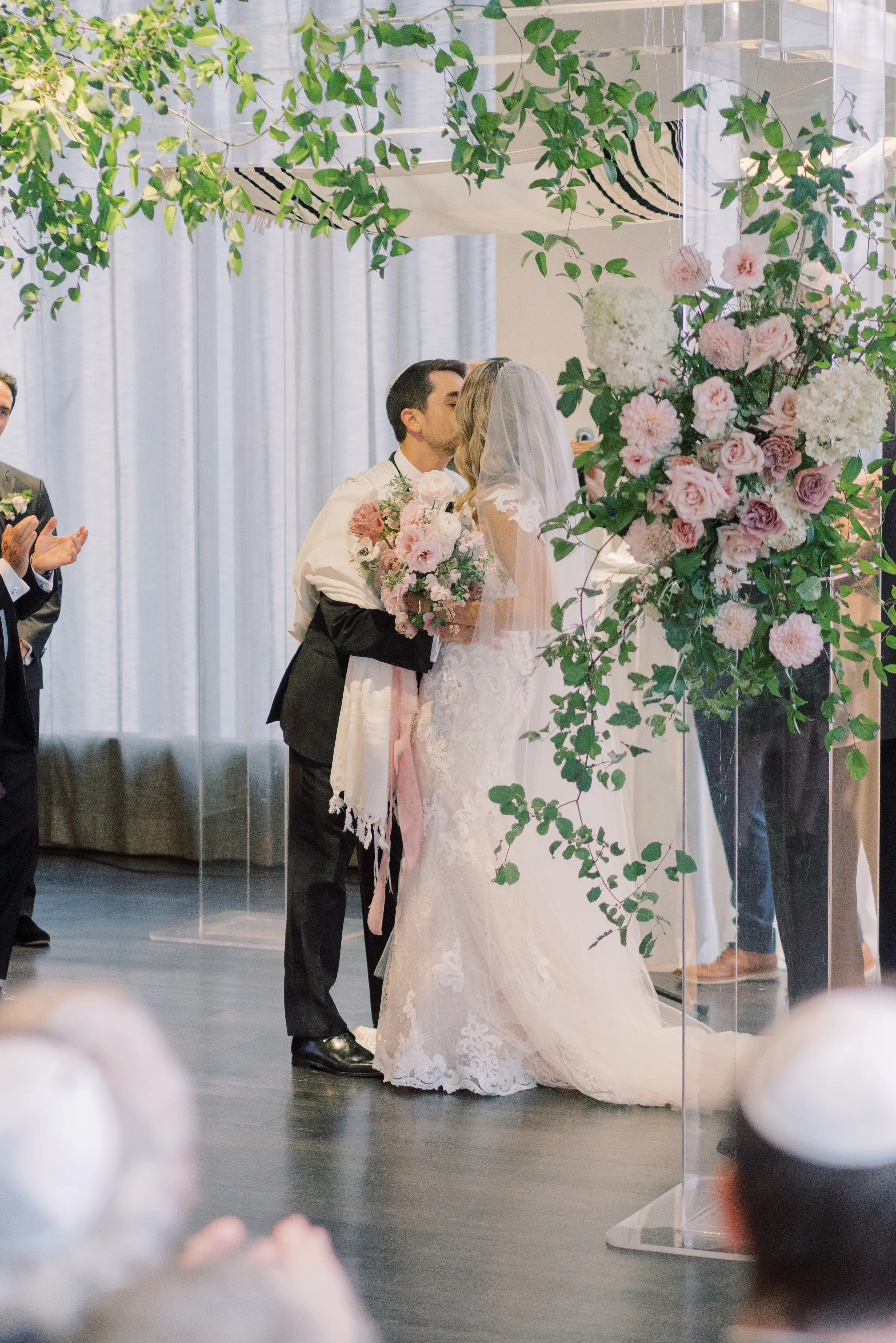 Bride Wearing A Lace Sheath Wedding Gown Named Tuscany Lynette By Maggie Sottero Bride and Groom During Ceremony