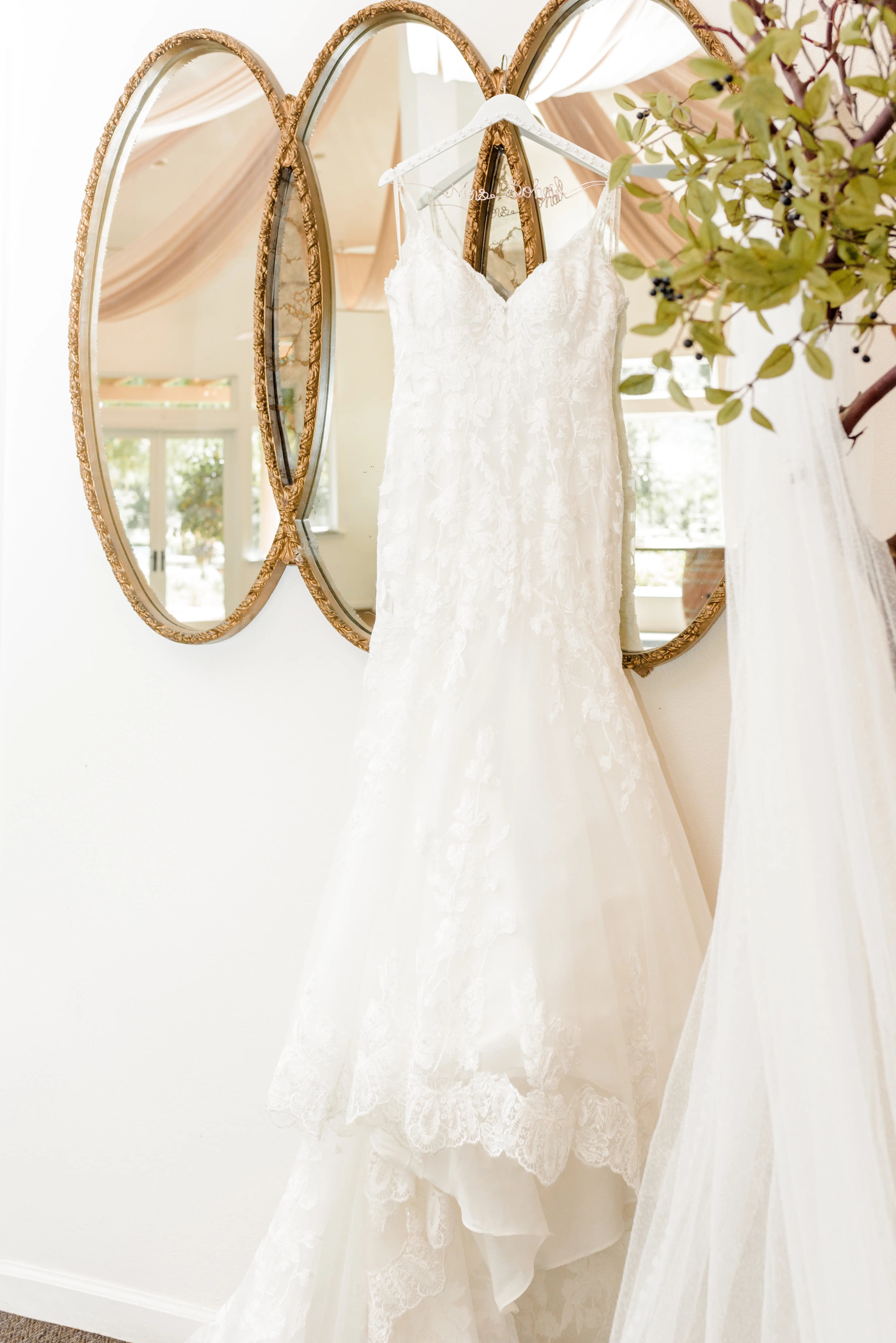 Real Bride's Floral Lace Mermaid Wedding Gown with Beaded Spaghetti Straps Called Giana by Maggie Sottero