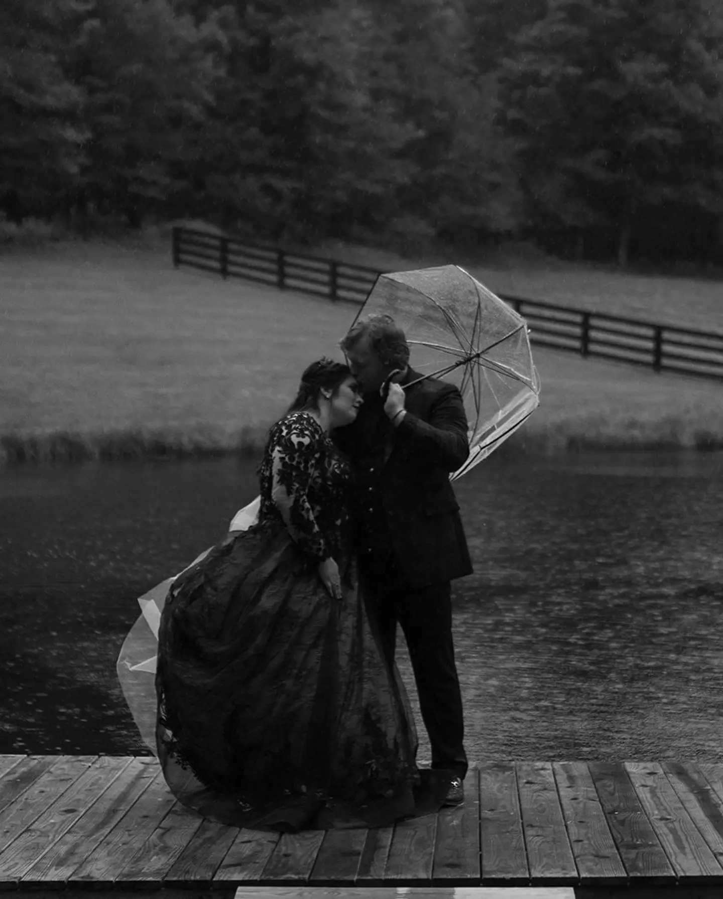 Bride In Black Wedding Dress With Groom And Umbrella