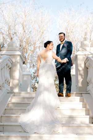 Groom with Bride in Gorgeous Art Deco Wedding Dress with Illusion V-Back Called Elaine by Maggie Sottero