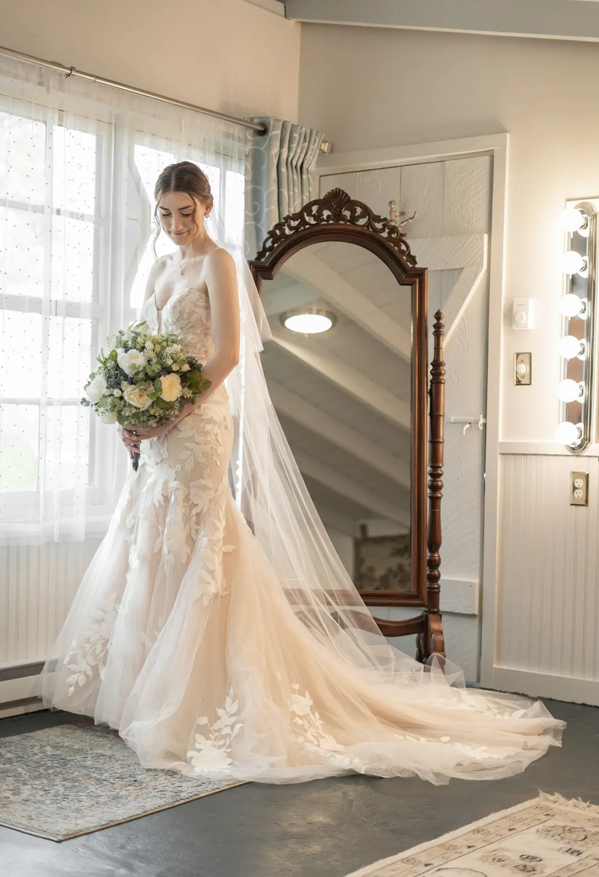 Beautiful Bride Wearing Sexy Strapless Mermaid Wedding Gown With Oversized Floral Lace Motifs Called Hattie By Rebecca Ingram