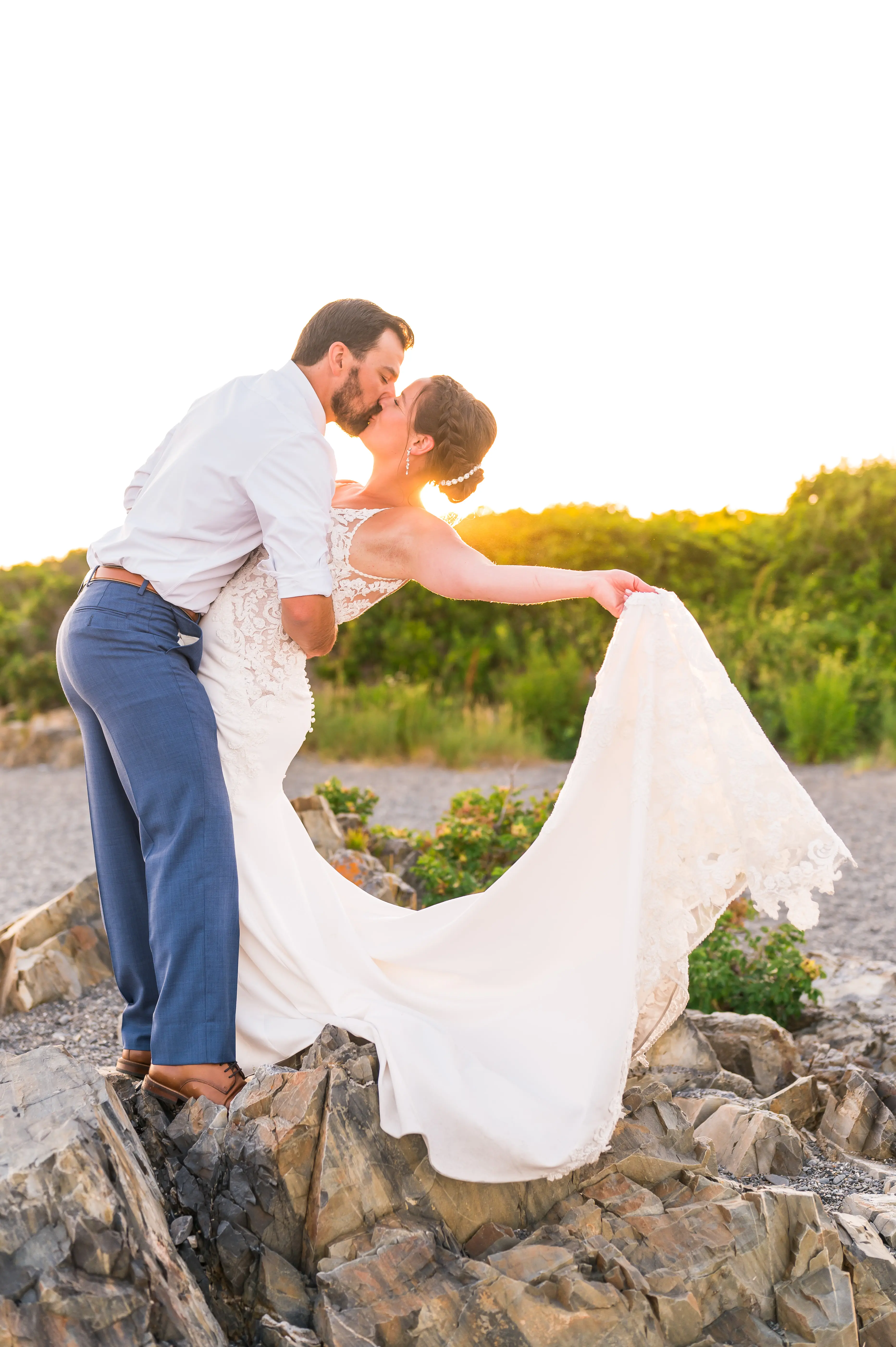 Groom With Bride Wearing Lace Spaghetti Strap Mermaid Wedding Dress Nikki By Maggie Sottero