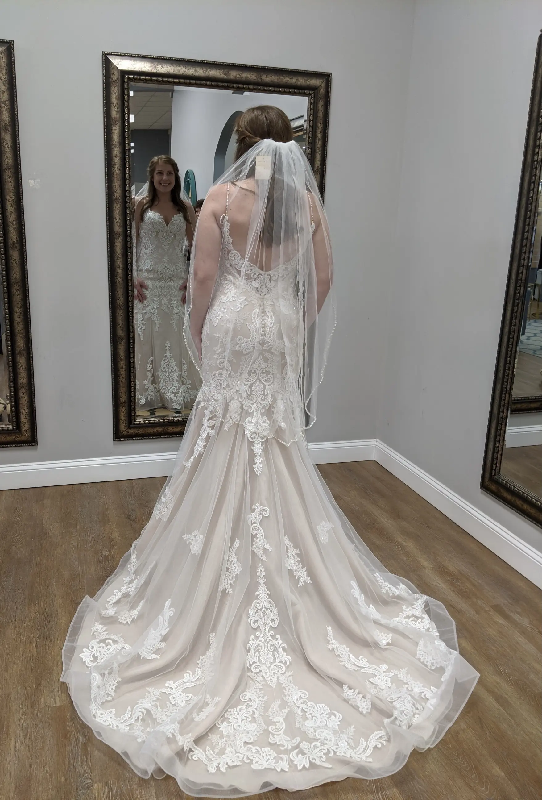 Bride Wearing Sheath Lace Wedding Dress Called Glorietta By Maggie Sottero