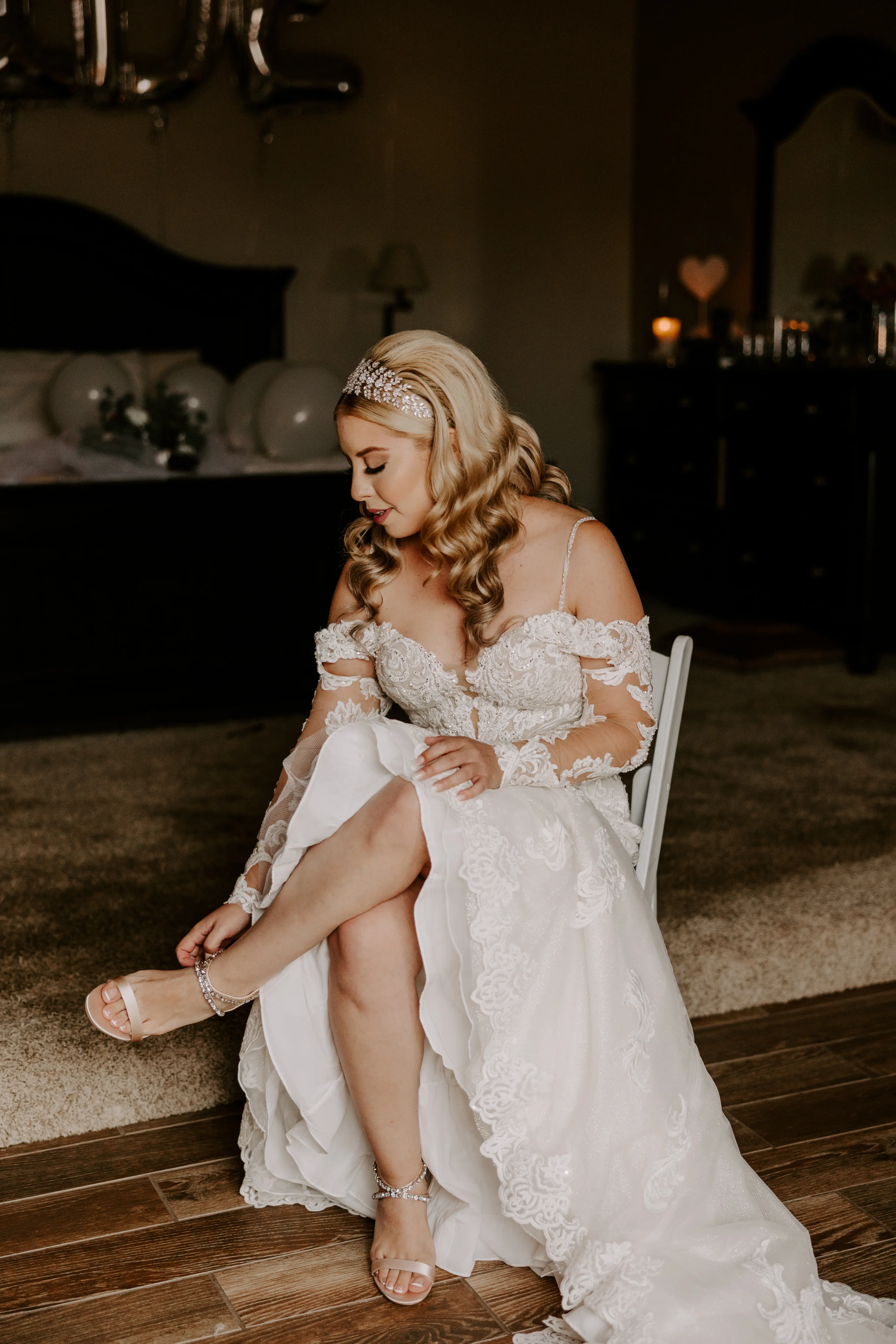 Real Bride in Sparkly Lace Fit-and-Flare Bridal Dress with Off-the-Shoulder Sleeves Called Fiona by Maggie Sottero
