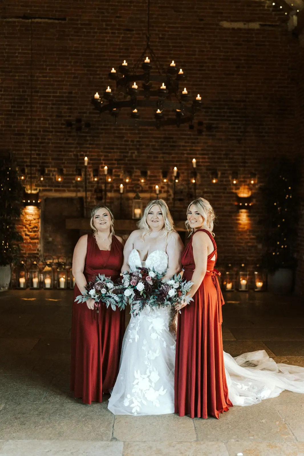 Bride Wearing Lace Mermaid Wedding Dress Called Hattie By Rebecca Ingram With Bridesmaids