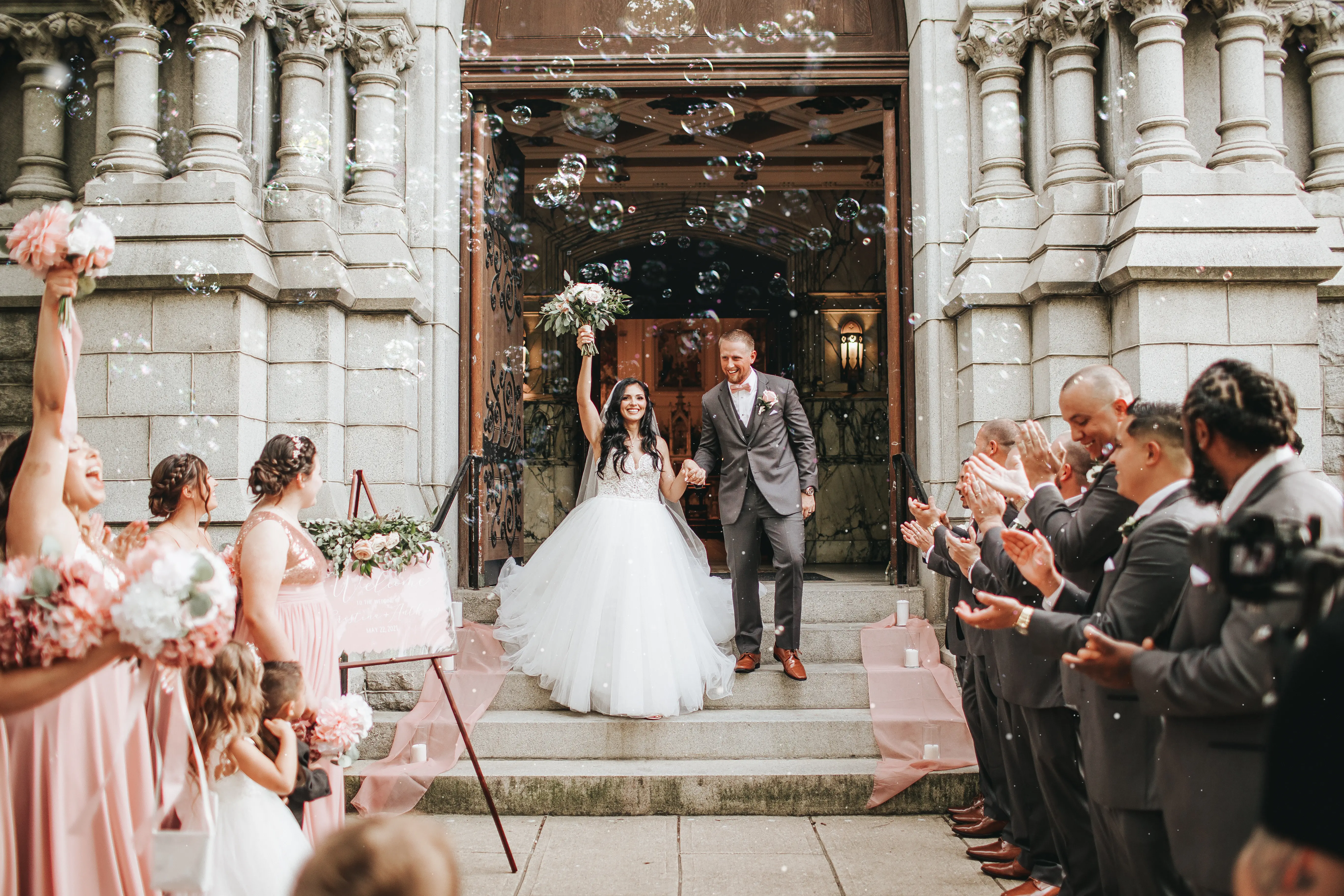 Bride with groom wearing boho princess wedding dress