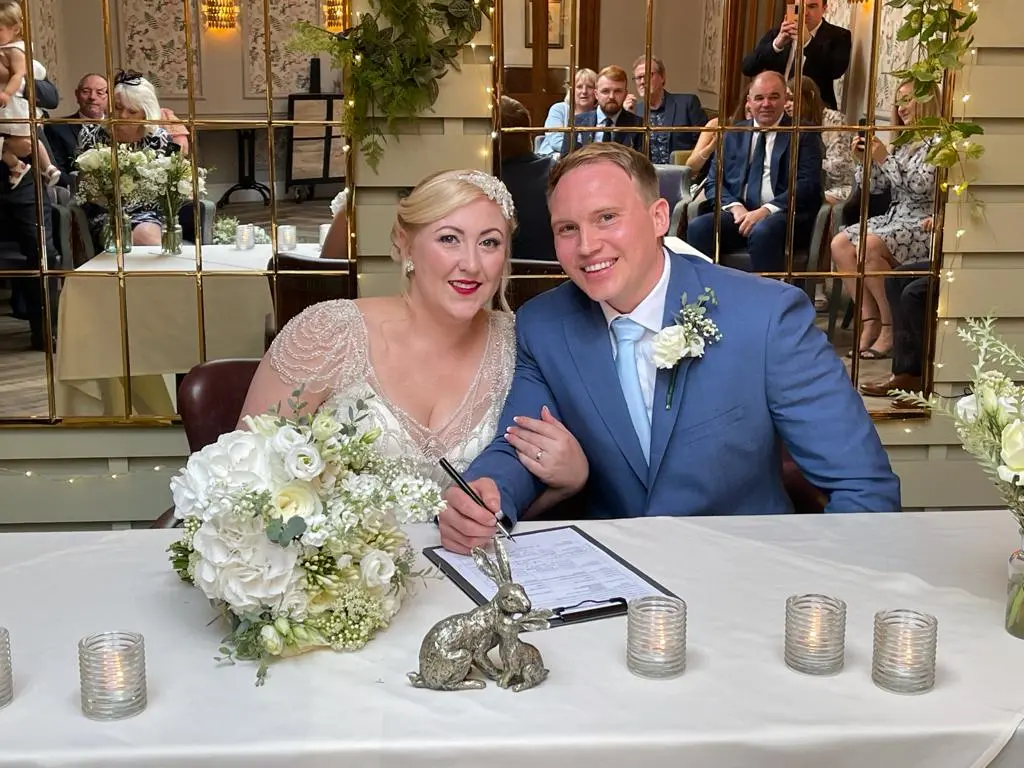 Groom With Bride Wearing Vintage Style Satin Sheath Wedding Dress Ettia By Maggie Sottero