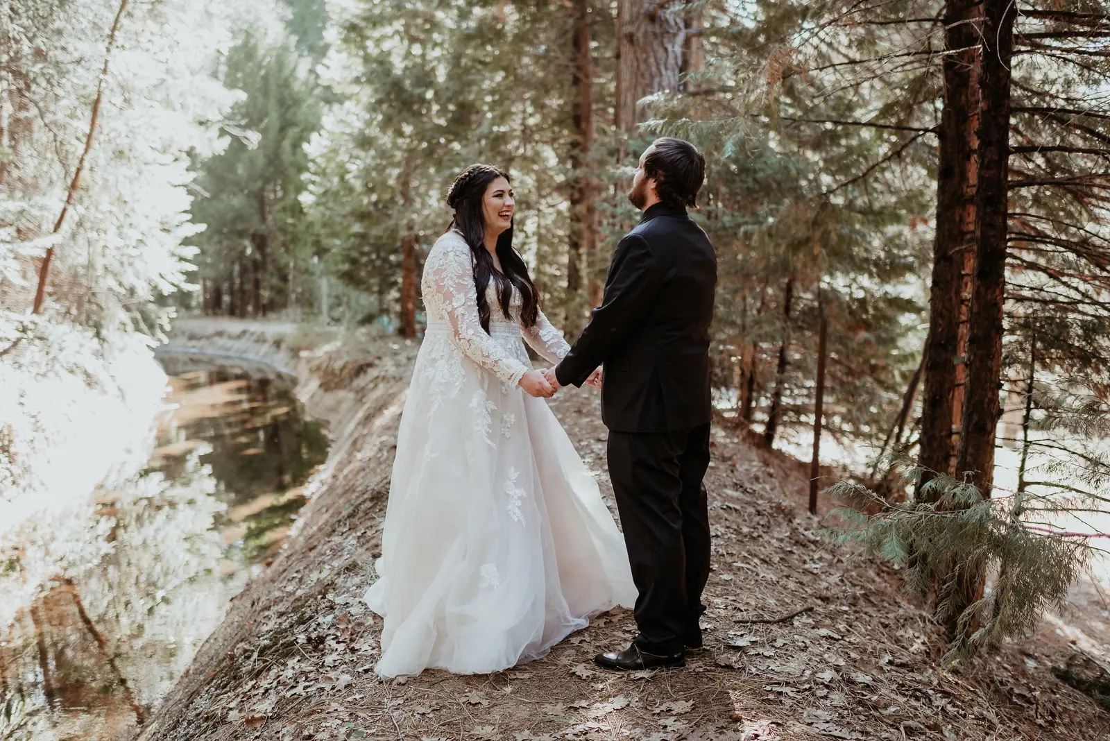 Real Bride wearing long sleeve A-Line wedding dress called Raphael by Maggie Sottero.
