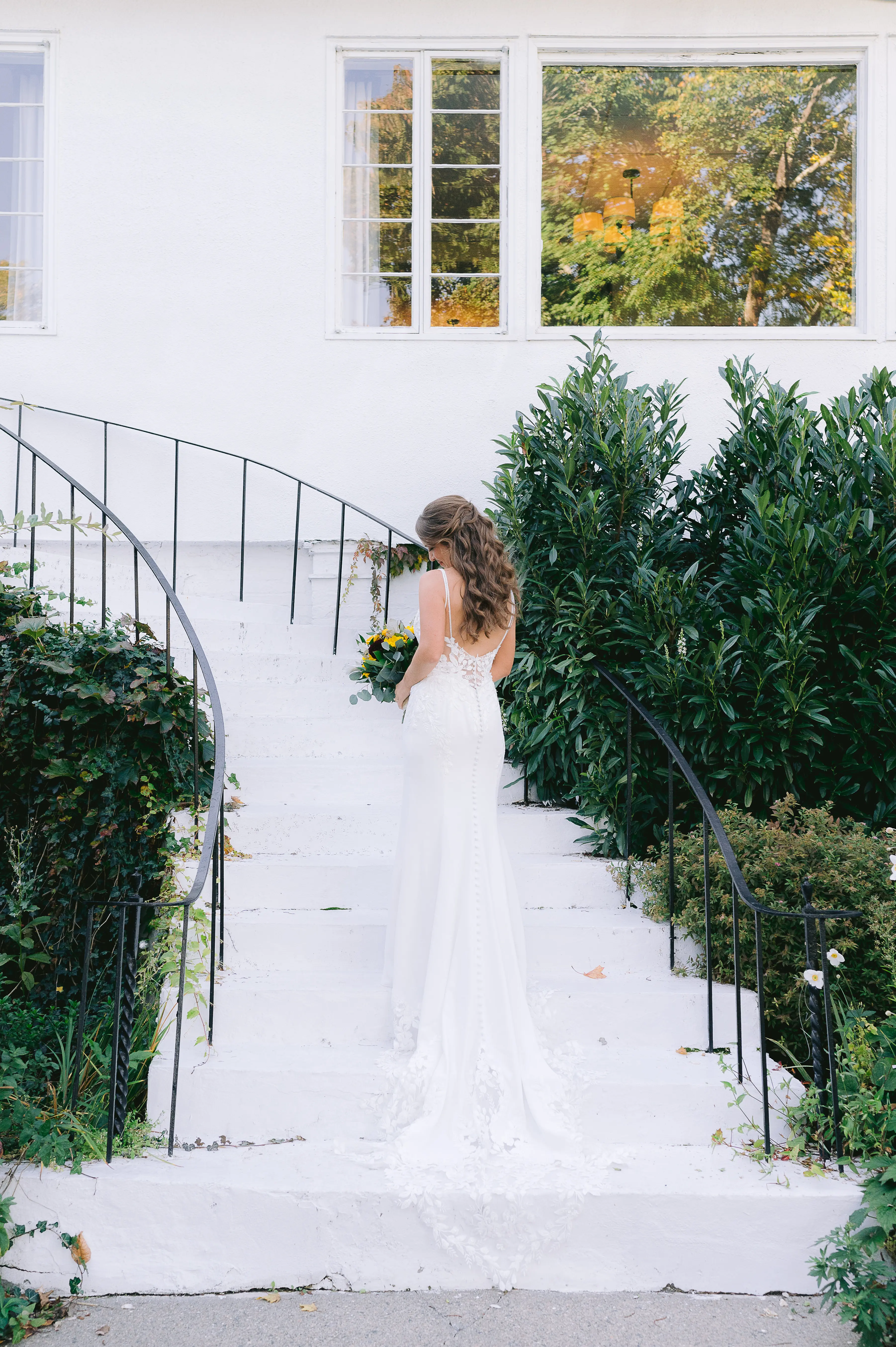 Real Bride in Backless Crepe Wedding Gown with Lace Motifs over a Talin Stretch Crepe Called Baxley by Maggie Sottero