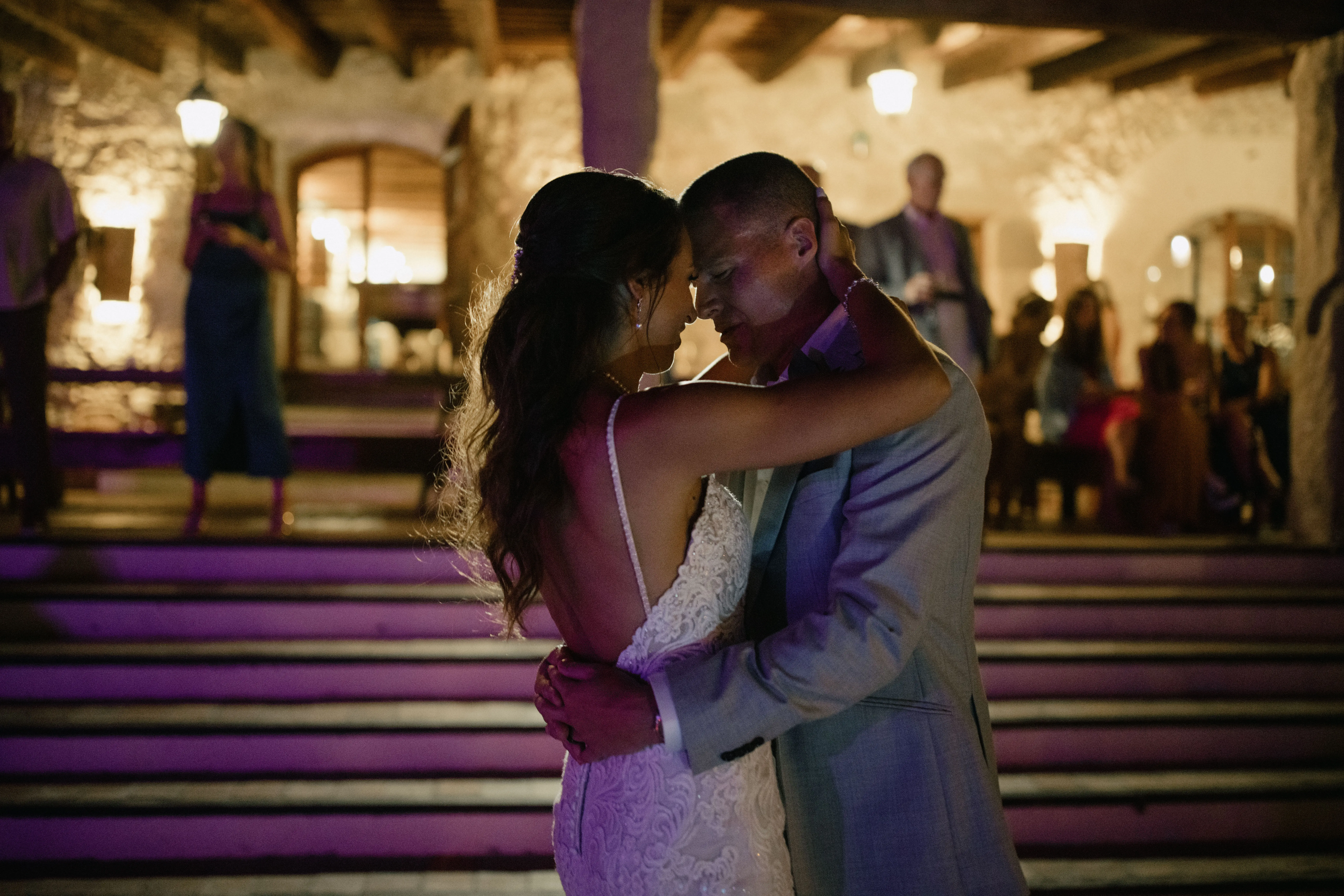 Groom with Bride in Sparkly Lace Fit-and-Flare Bridal Dress Called Fiona by Maggie Sottero