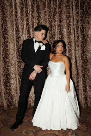Bride In Simple Satin Wedding Dress Called Scarlet By Maggie Sottero With Groom
