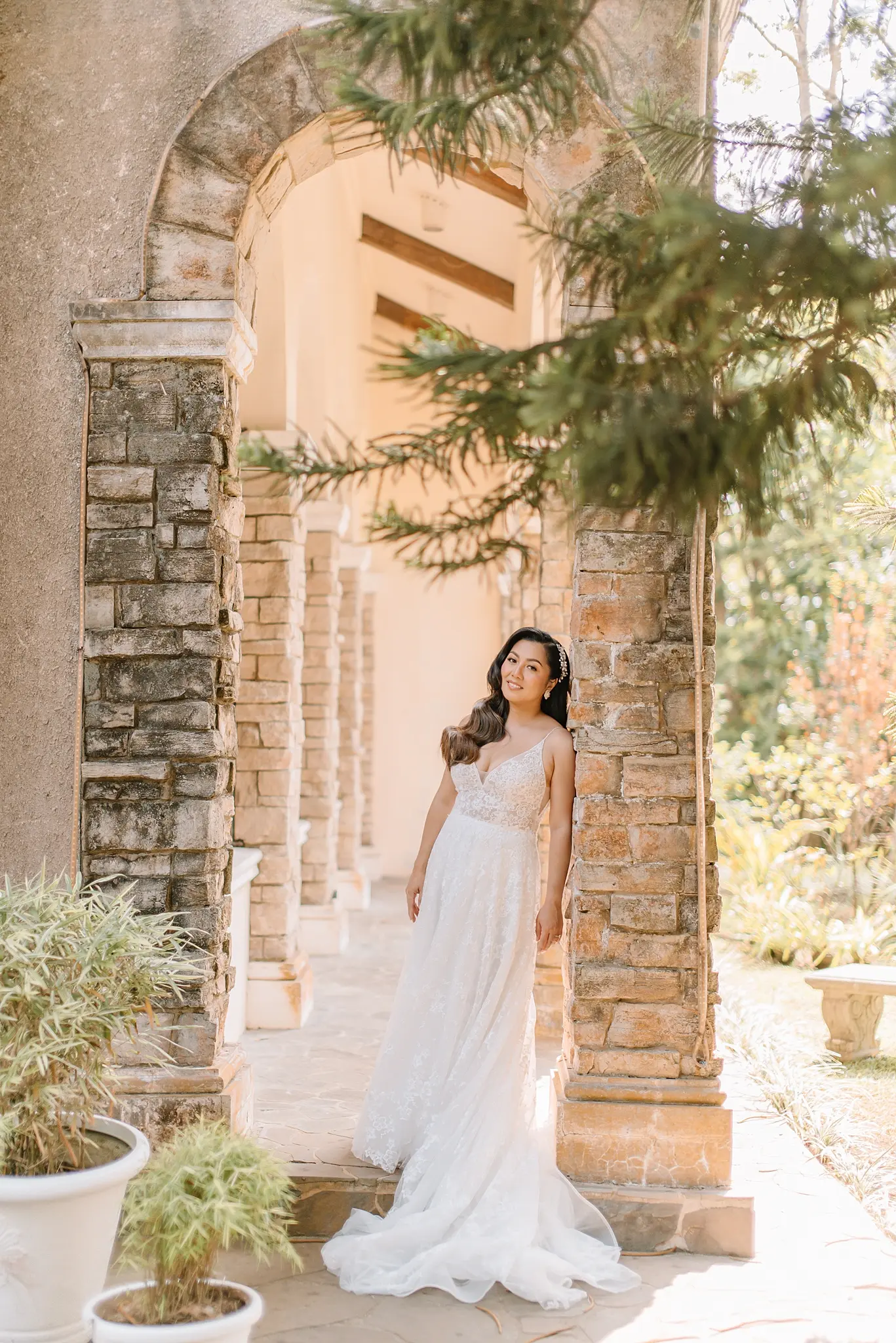Real Bride in Floral Lace Boho A-Line Wedding Dress with Deep Illusion V-Neckline Called Lorenza by Maggie Sottero