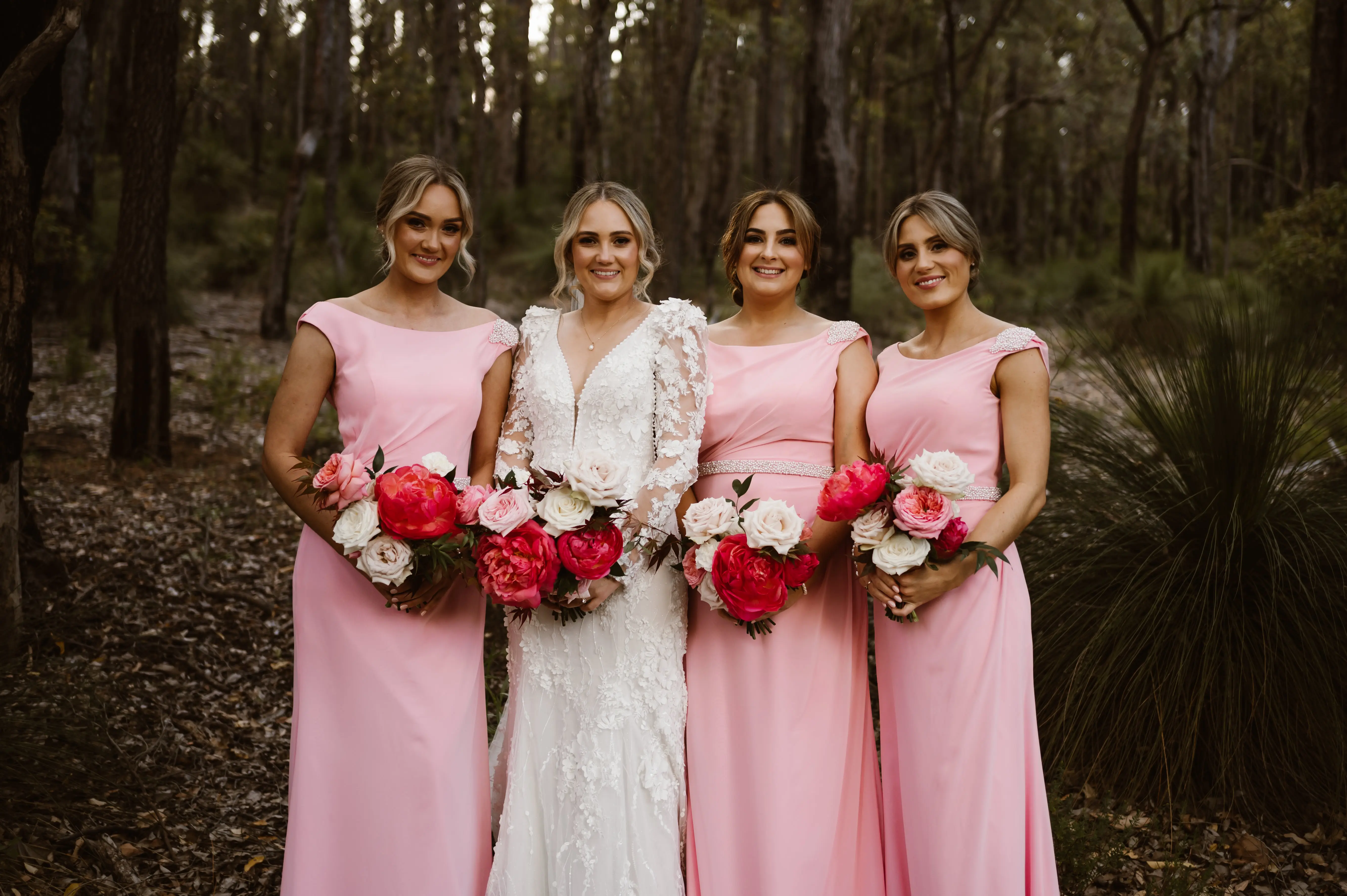 Bridal Party with Bride in Vintage Inspired Puff Sleeve Mermaid Wedding Dress in 3-D Floral Motifs Called Cruz by Sottero & Midgley
